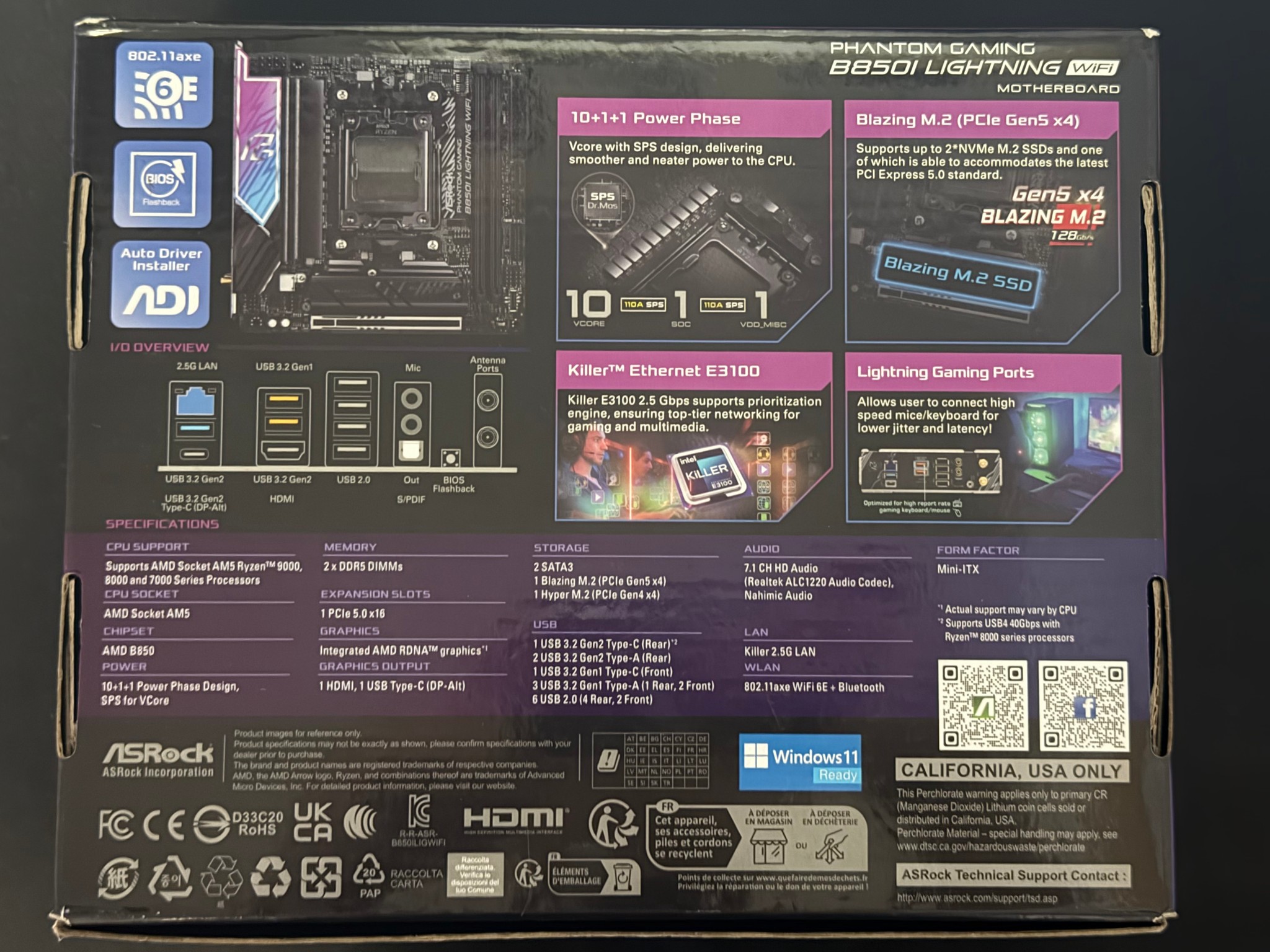 ASRock B850I Lightning WiFi AM5 Motherboard AMD B850 SATA 6Gb/S Mini ITX
