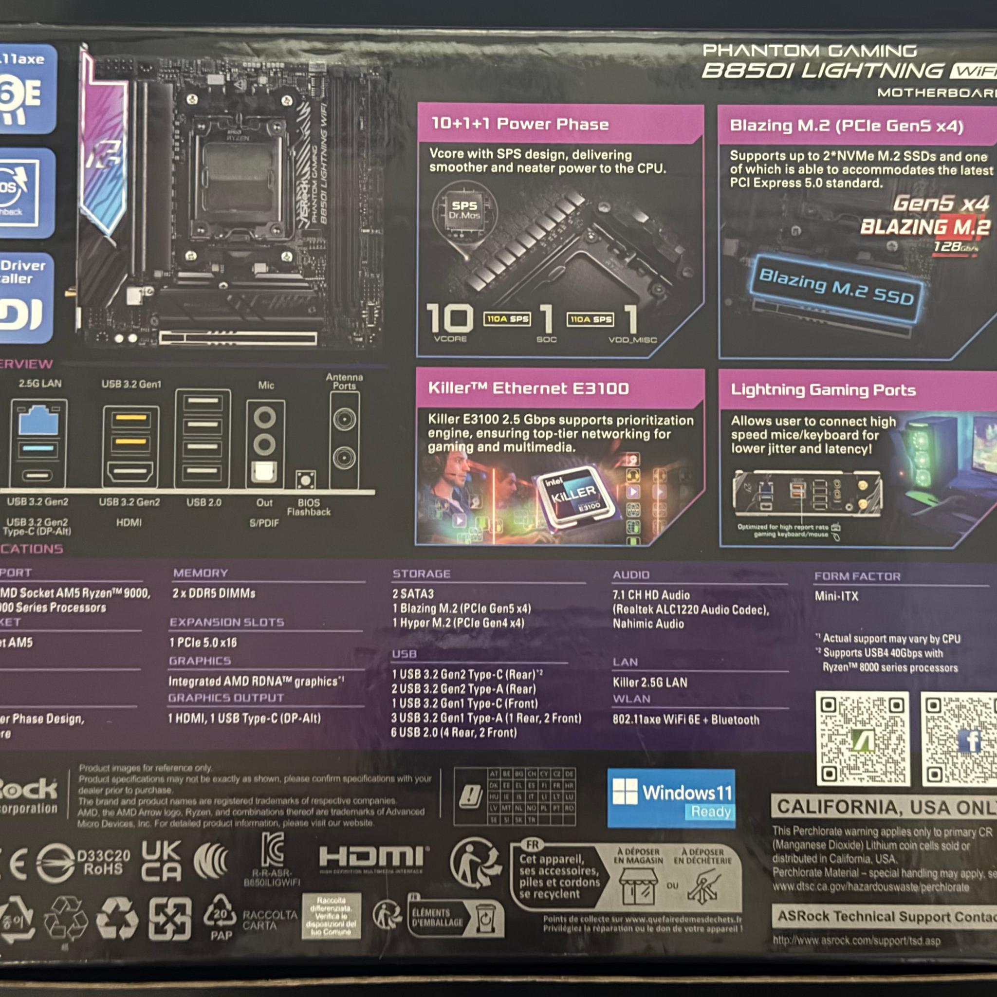 ASRock B850I Lightning WiFi AM5 Motherboard AMD B850 SATA 6Gb/S Mini ITX