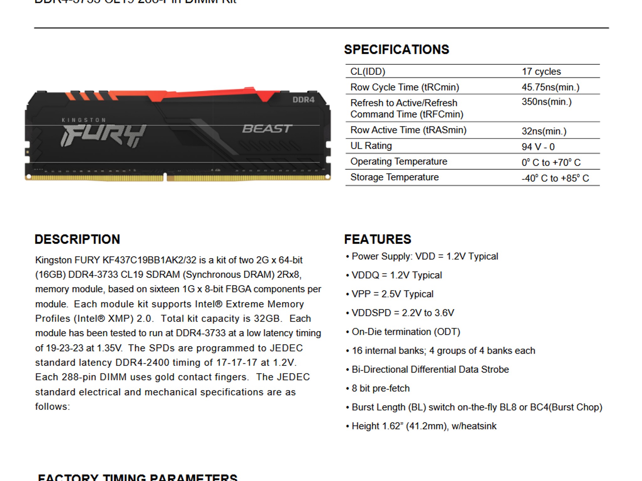 32 GB Kingston Fury Beast DDR4-3733 CL19-23-23 @ 1.35V