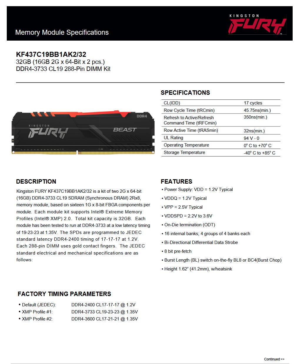 32 GB Kingston Fury Beast DDR4-3733 CL19-23-23 @ 1.35V