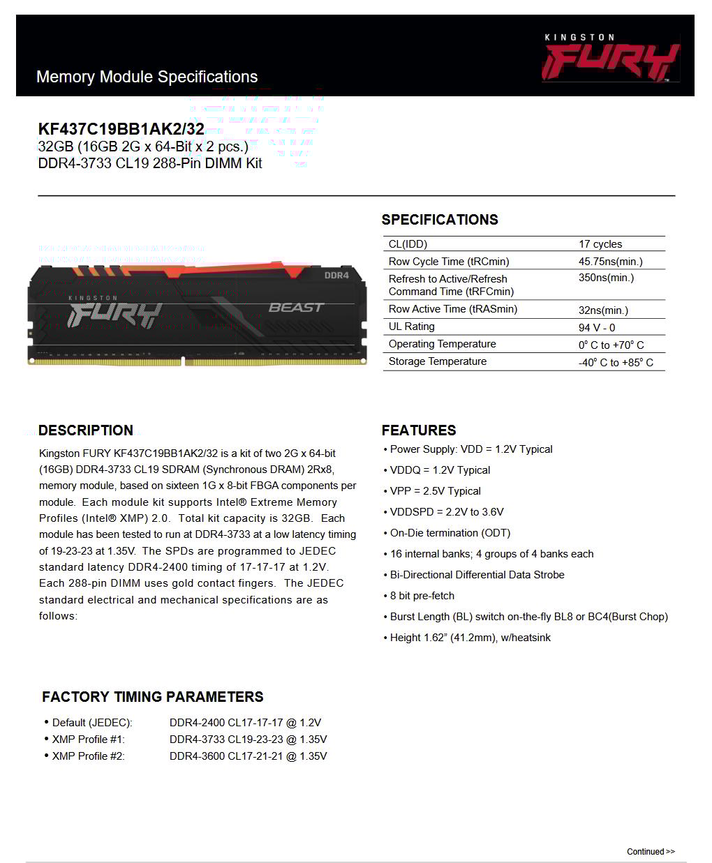 32 GB Kingston Fury Beast DDR4-3733 CL19-23-23 @ 1.35V