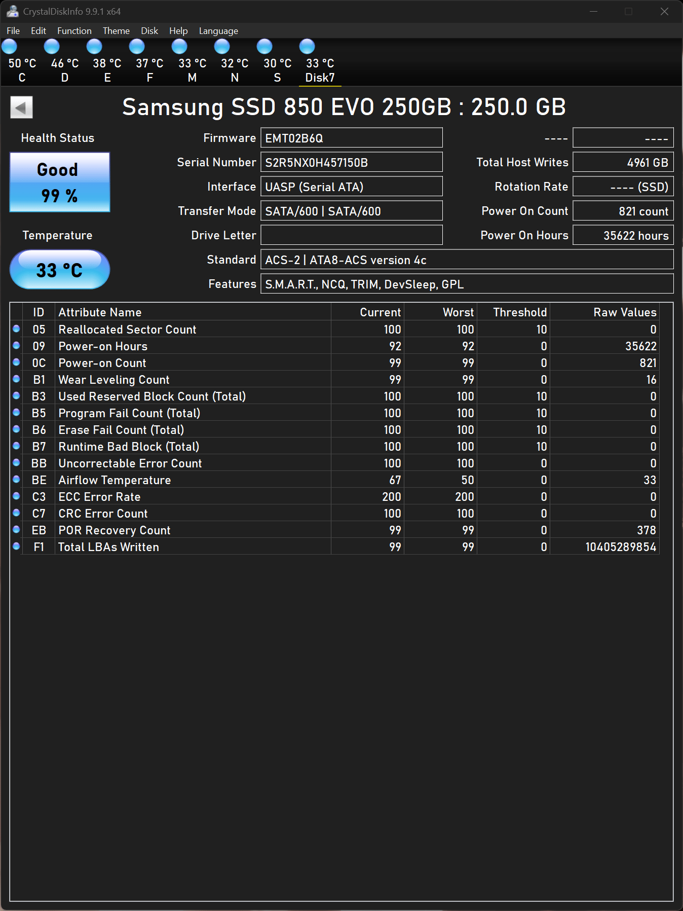 Samsung 850 EVO 250GB SATAIII 2.5"x7mm SSD