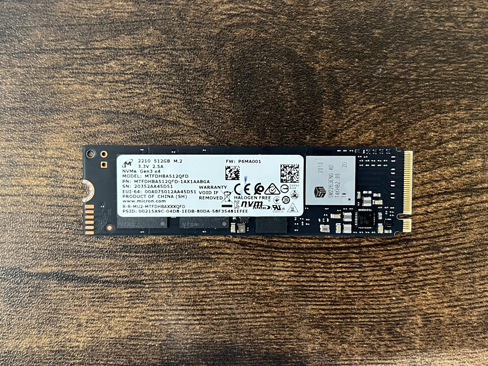 512GB Micron 2210 PCIe Gen 3.0x4.0 NVMe SSD 94% Health