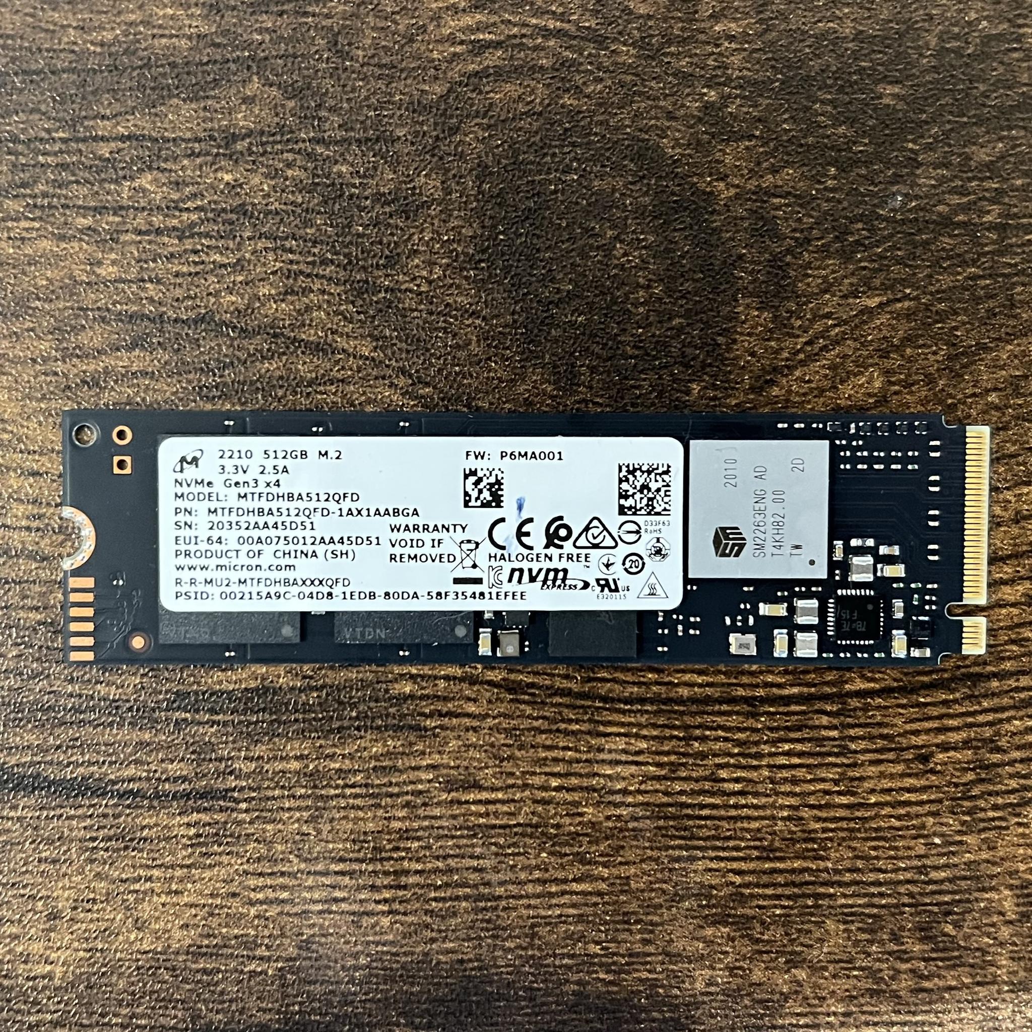 512GB Micron 2210 PCIe Gen 3.0x4.0 NVMe SSD 94% Health