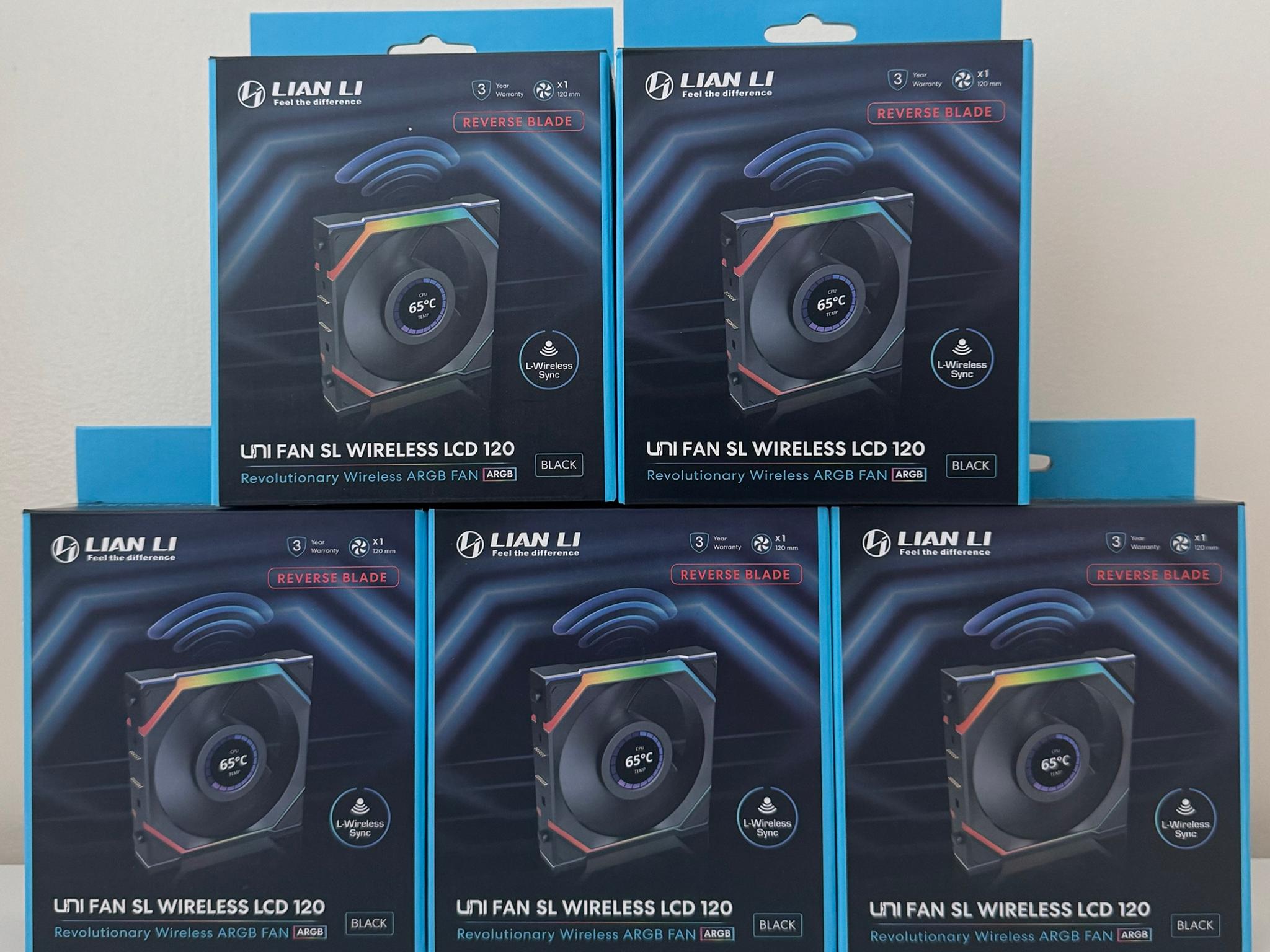 5x Lian Li UNI Fan SL LCD Wireless (Reverse Blade) 120mm ARGB Fan 1.6" LCD Black (12RSLLCD1W1B)