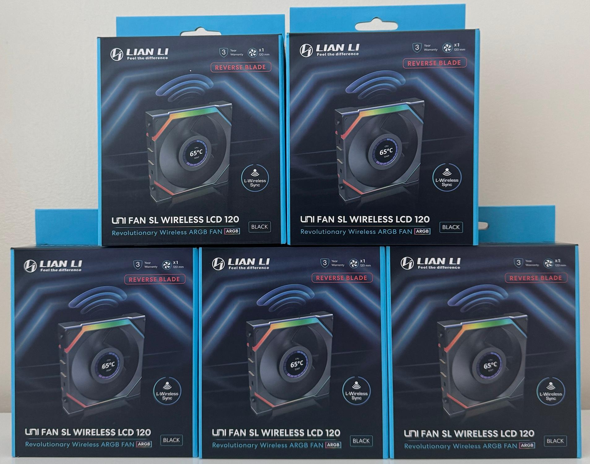 5x Lian Li UNI Fan SL LCD Wireless (Reverse Blade) 120mm ARGB Fan 1.6" LCD Black (12RSLLCD1W1B)