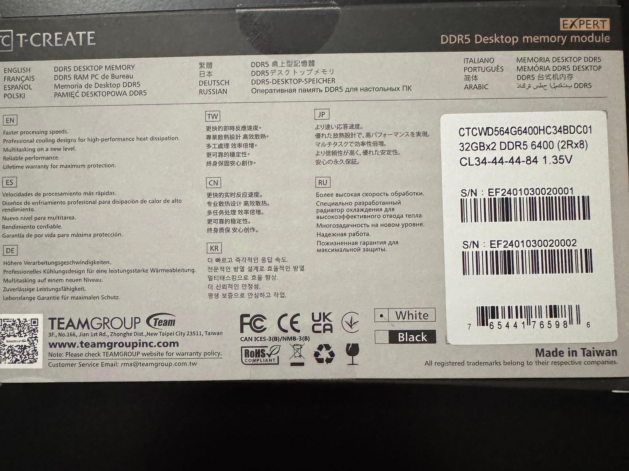 TEAMGROUP T-Create Expert 10L DDR5 RAM 64GB (2 x 32GB) CL34 6400MHz White