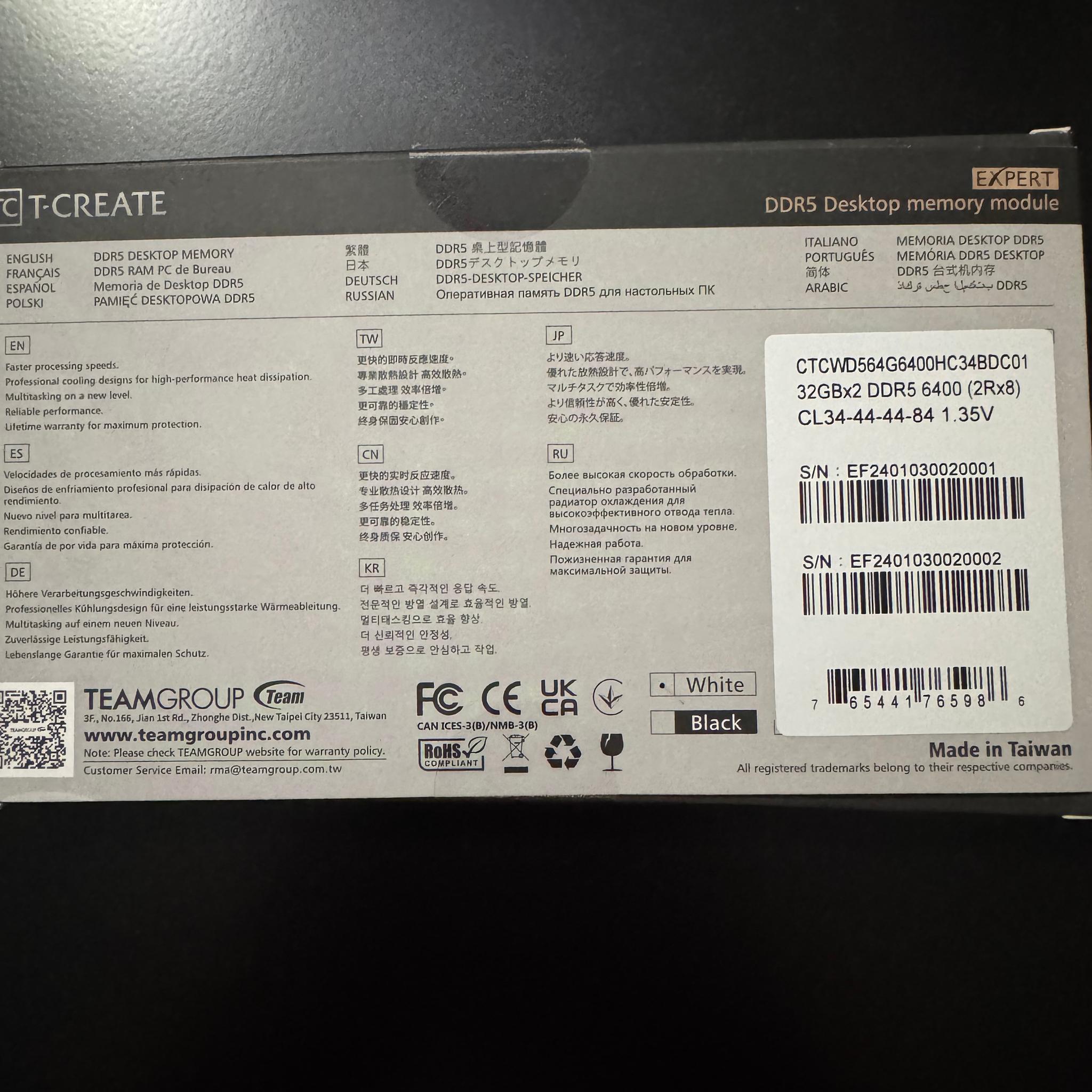 TEAMGROUP T-Create Expert 10L DDR5 RAM 64GB (2 x 32GB) CL34 6400MHz White