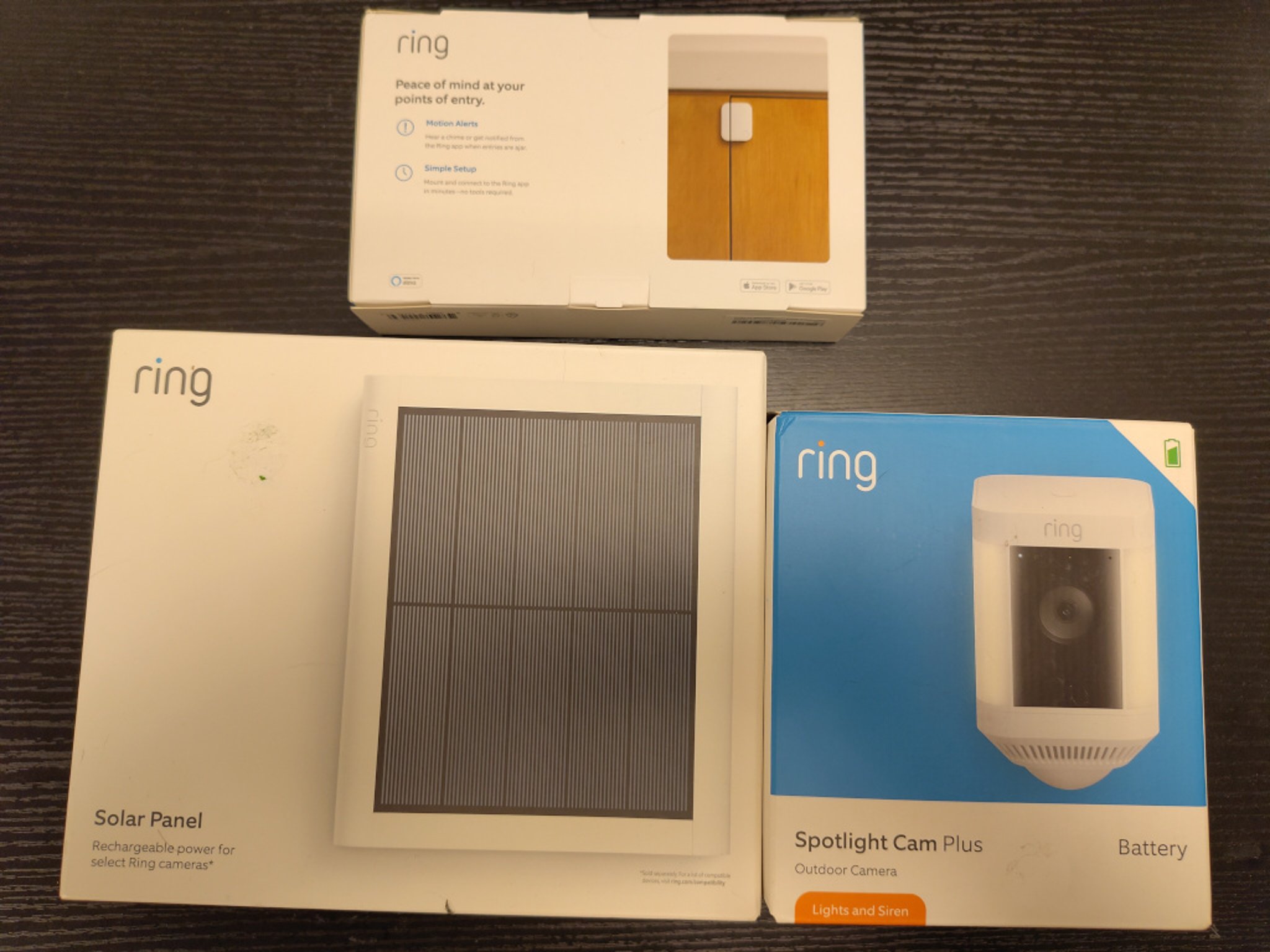 Unused Ring Spotlight Cam Plus, Solar Panel, and Contact Sensors