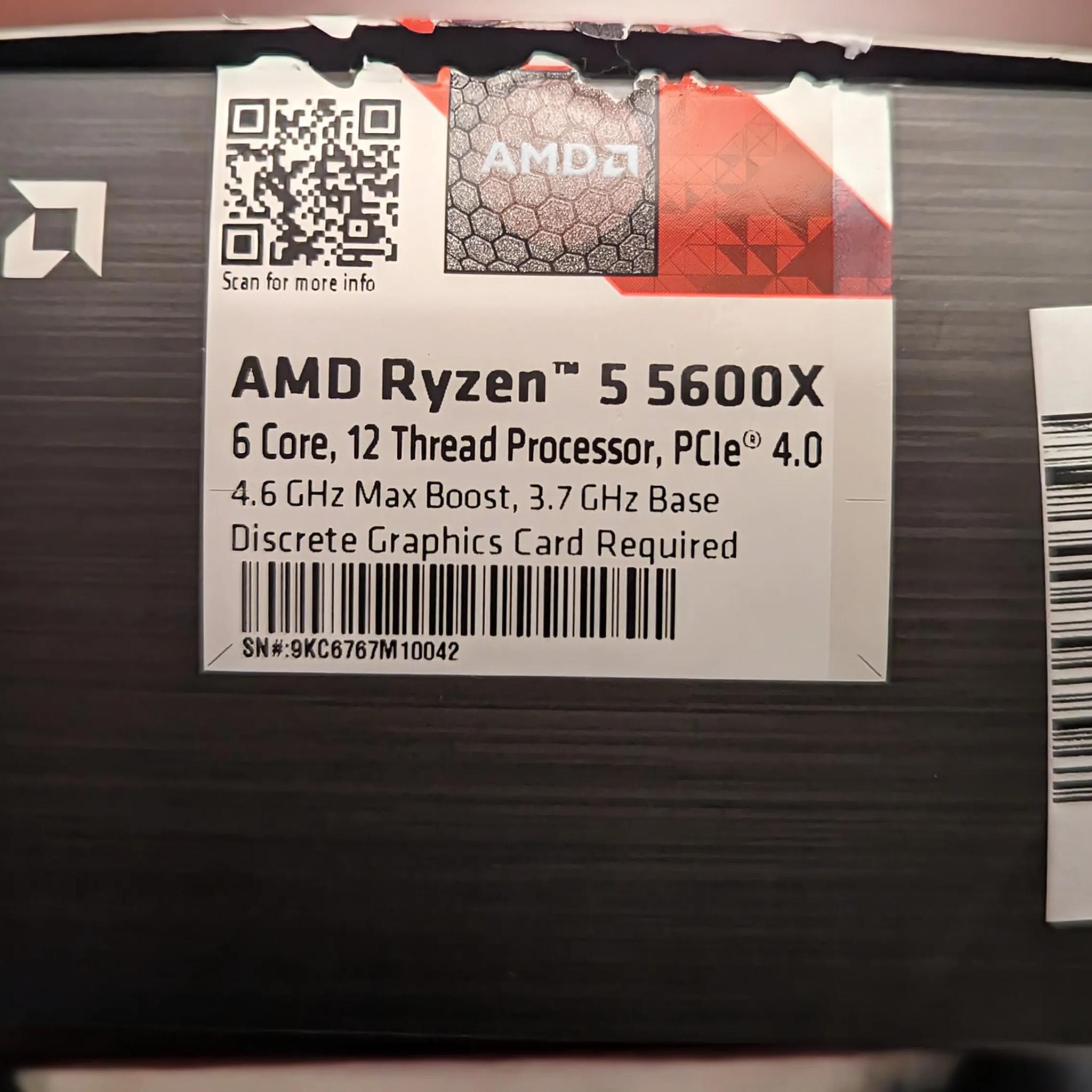 AMD Ryzen 5 5600X CPU: 6 core 12 thread processor 4.6GHz Max Boost, original box and cooler included