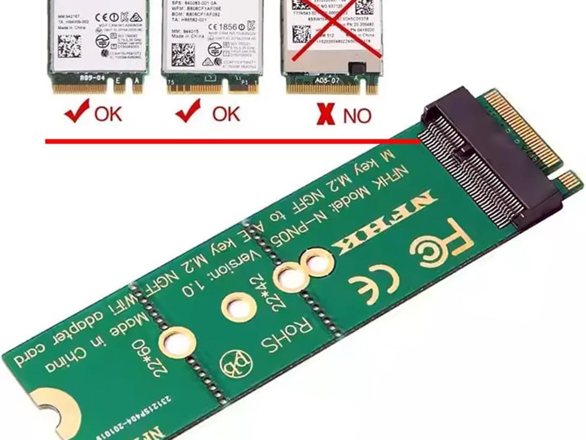 NFHK WiFi Riser Card NGFF Key-E Wireless Networking Card to M.2 NGFF NVME SSD Adapter Key-M
