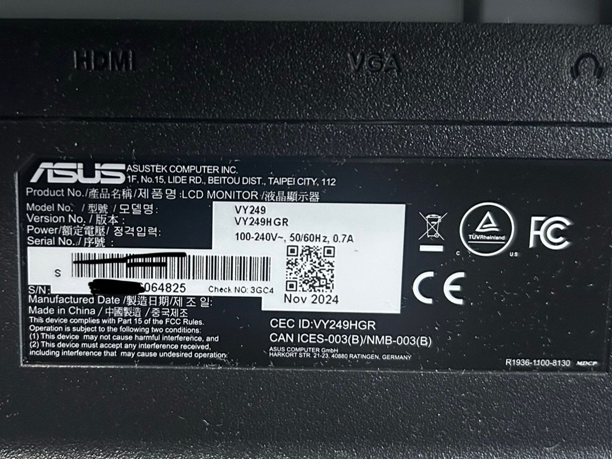 ASUS 24" Eye Care Gaming Monitor (VY249HGR)