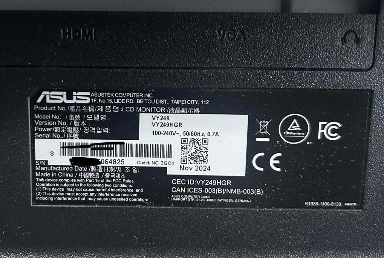 ASUS 24" Eye Care Gaming Monitor (VY249HGR)