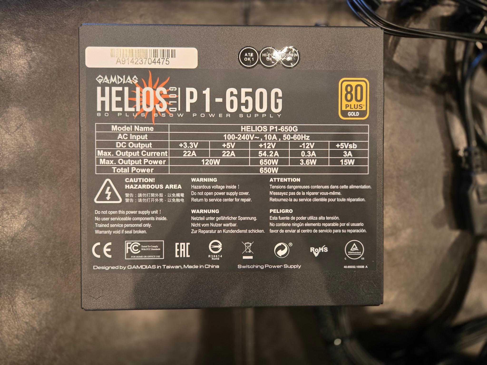 Gamdias Helios P1-650G 650W Gold ATX PSU (Open Box / System Pull)