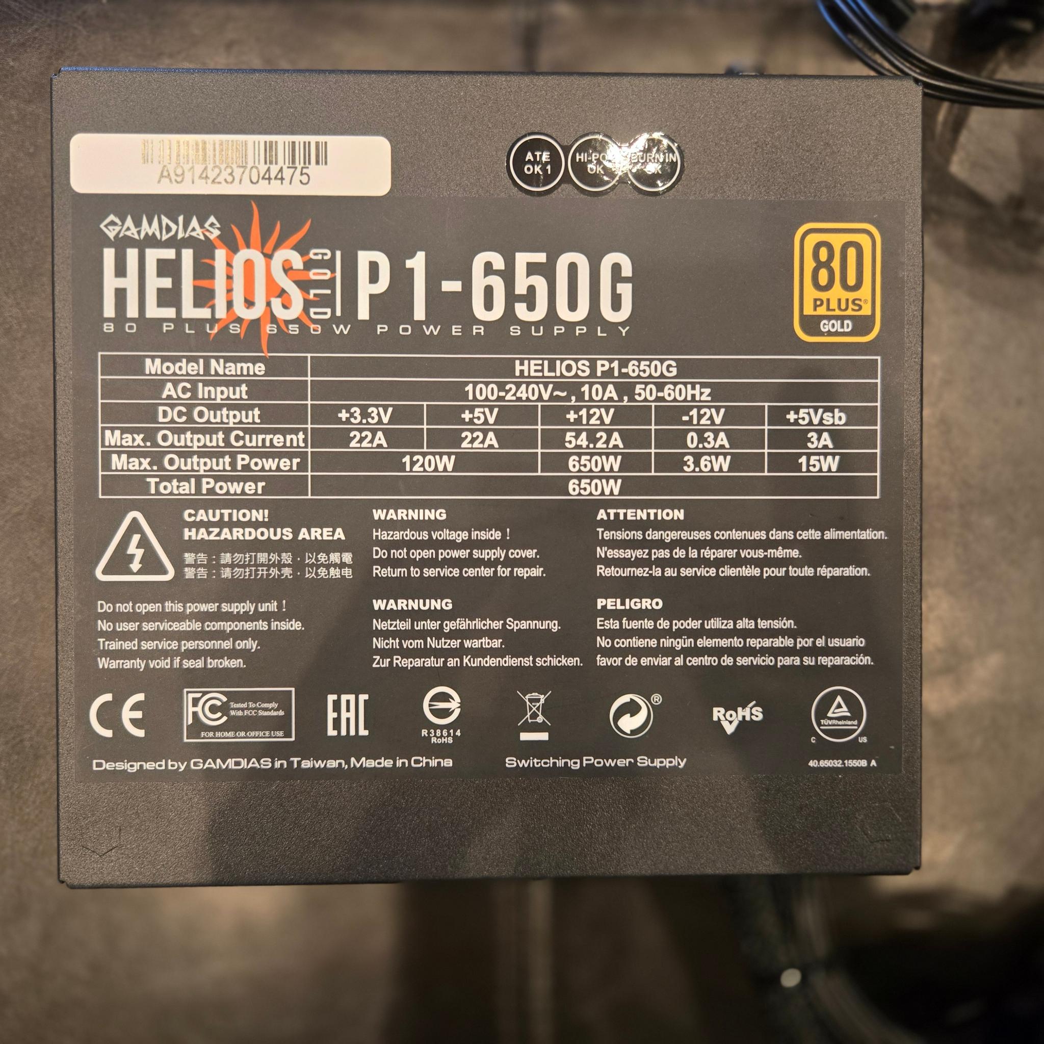 Gamdias Helios P1-650G 650W Gold ATX PSU (Open Box / System Pull)