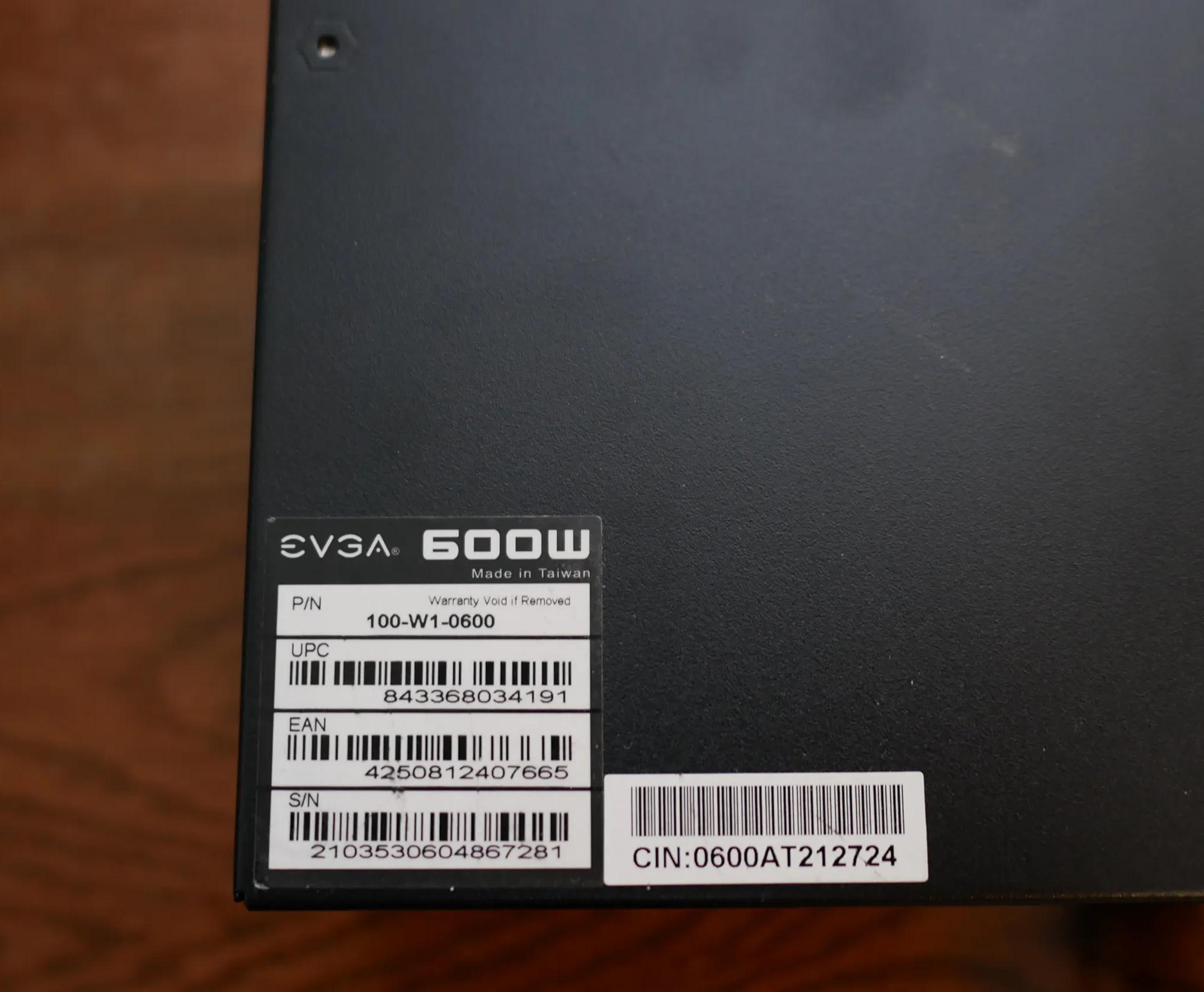 EVGA 600 W1, 80+ WHITE 600W, Power Supply 100-W1-0600-K1