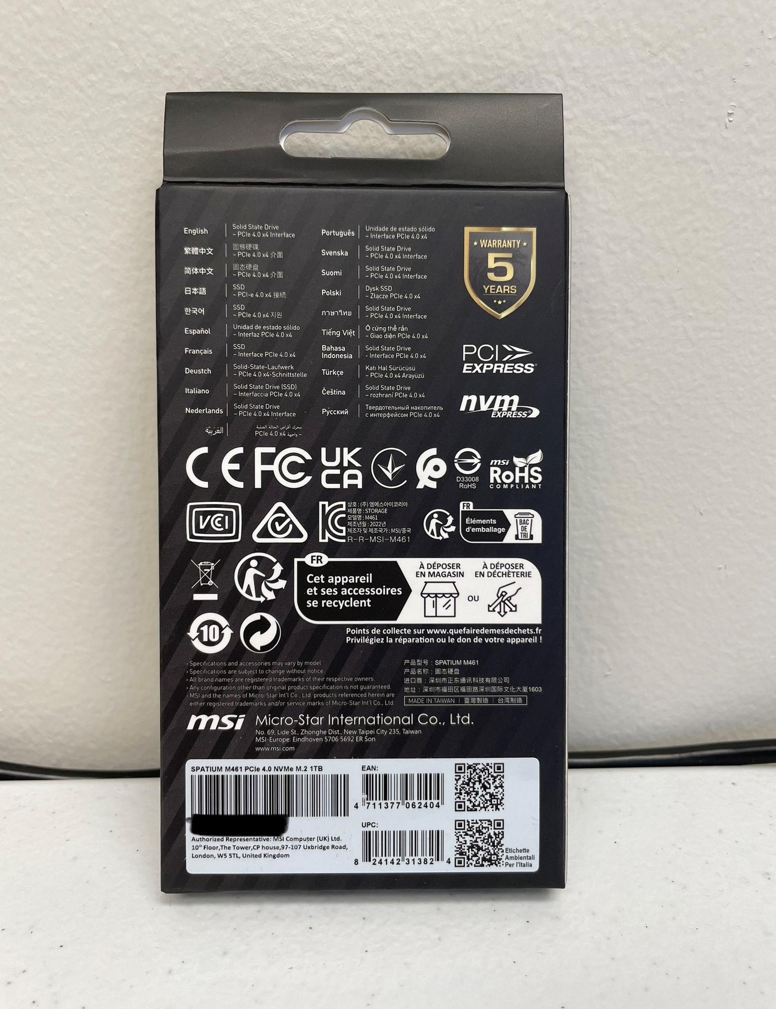 NEW MSI 1TB Spatium M461 PCIE4.0