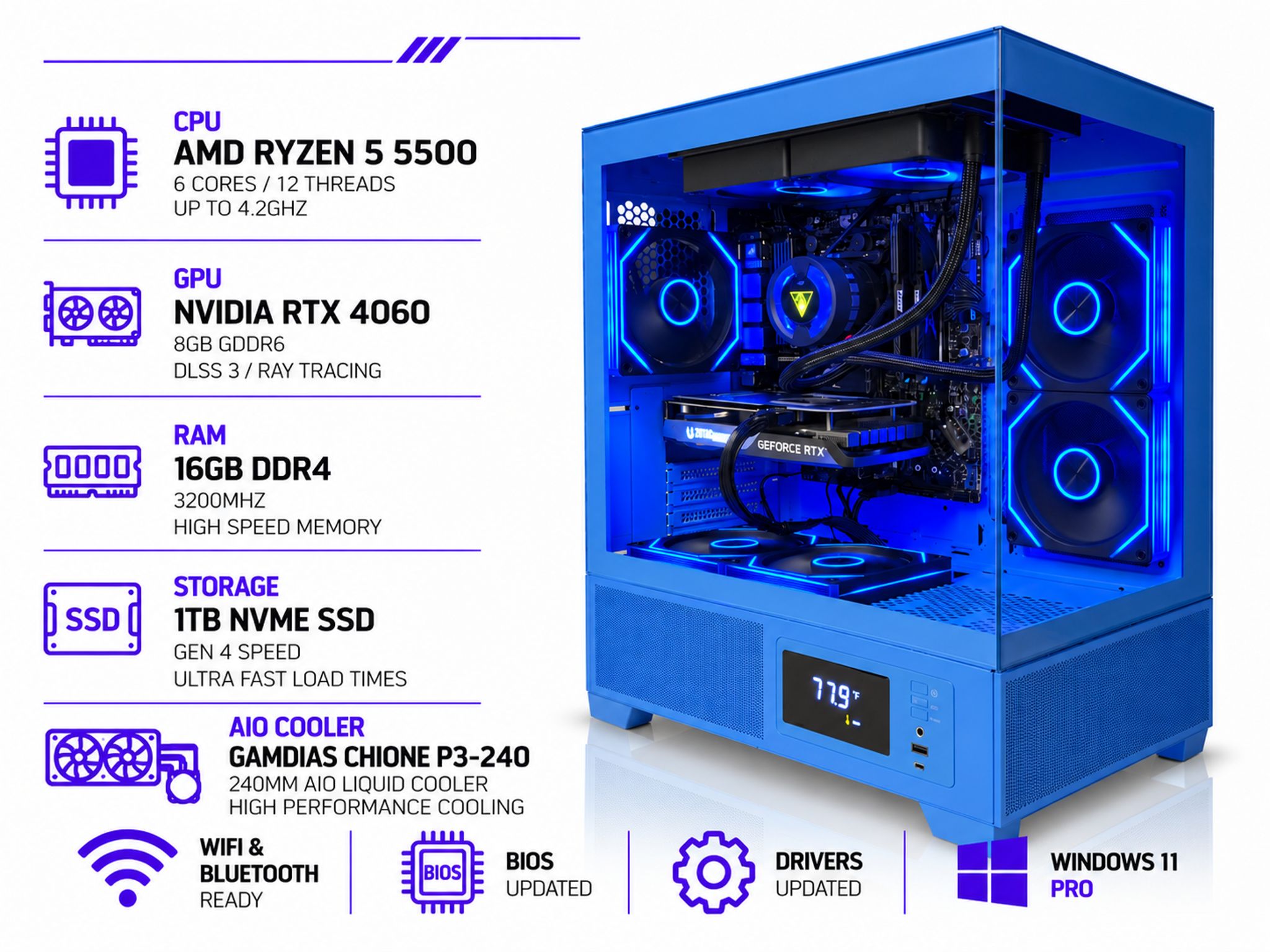 HIGH FPS Blue RGB Gaming PC | RTX 4060 8GB | Ryzen 5 5500 | 16GB RAM | 1TB SSD | WiFi