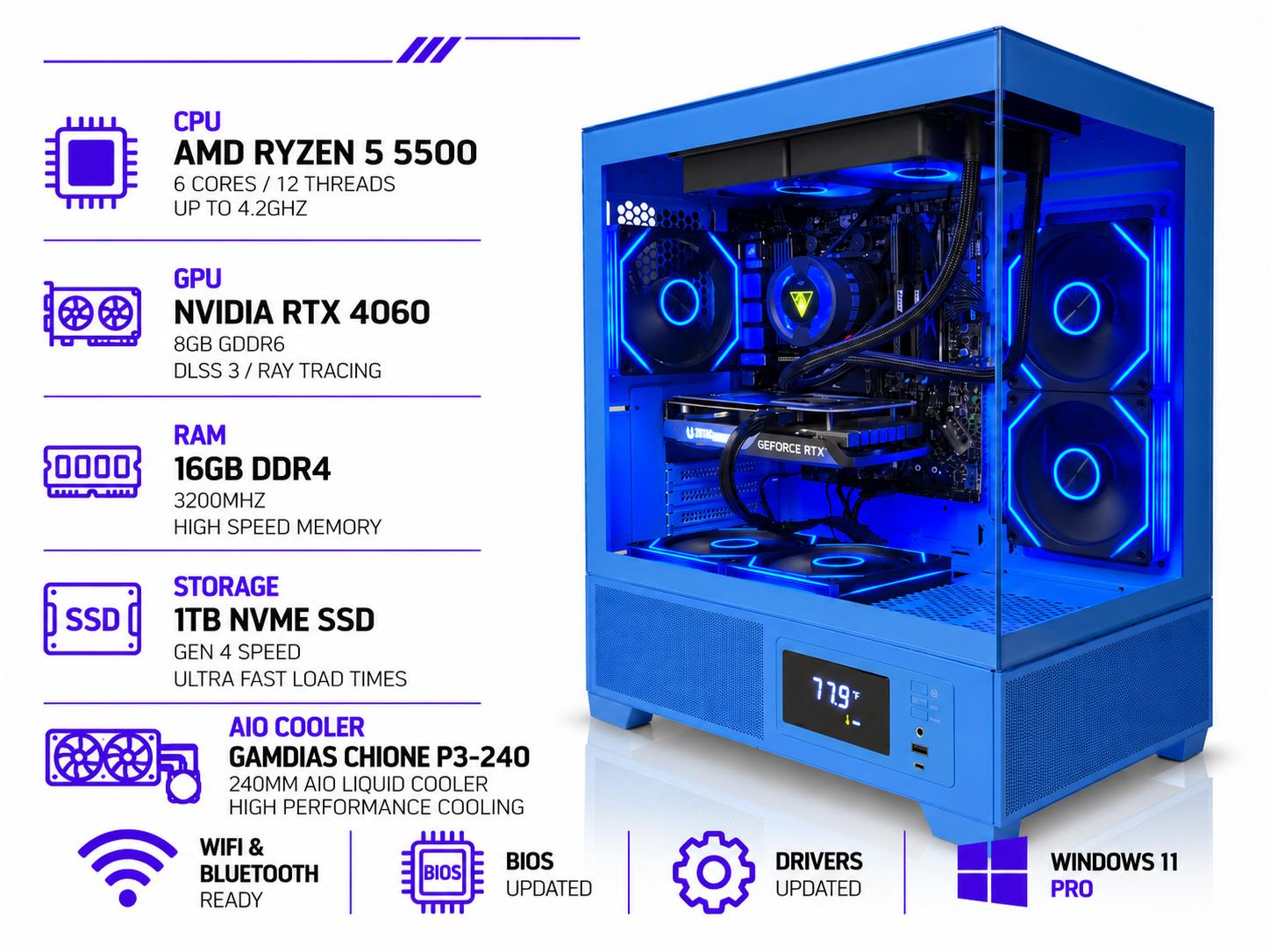 HIGH FPS Blue RGB Gaming PC | RTX 4060 8GB | Ryzen 5 5500 | 16GB RAM | 1TB SSD | WiFi