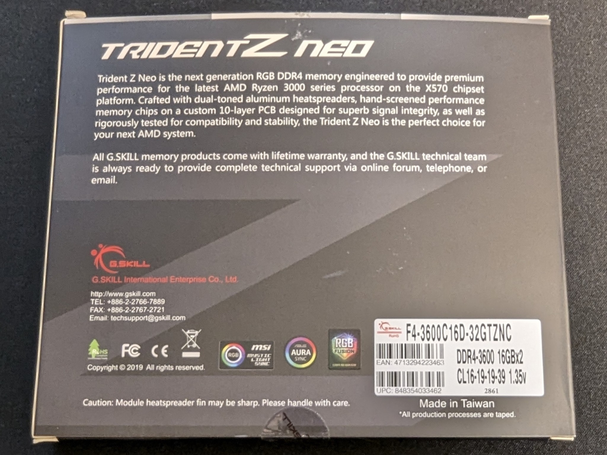 G.Skill TridentZ Neo 32GB(2x16GB)DDR4-3600 C16 Dual Channel Memory Kit - F4-3600C16D-32GTZNC
