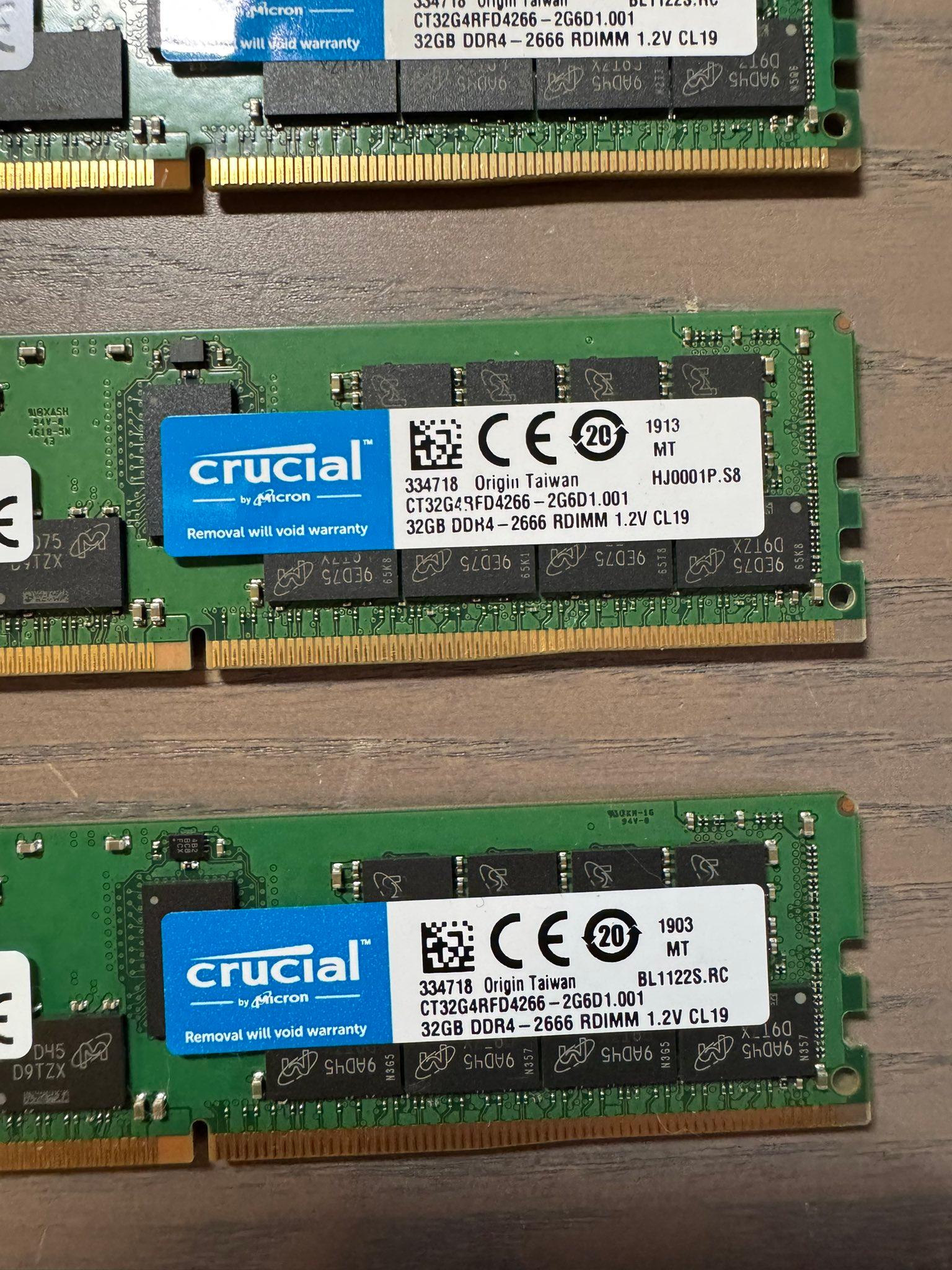 128GB - 4 x 32GB Crucial 2Rx4 PC4-2666MHz DDR4 ECC Reg Registered Server Ram