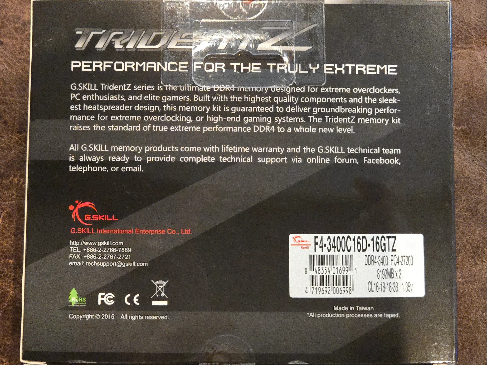 Trident Z DDR4-3400 CL16-18-18-38 1.35V 16GB (2x8GB) F4-3400C16D-16GTZ