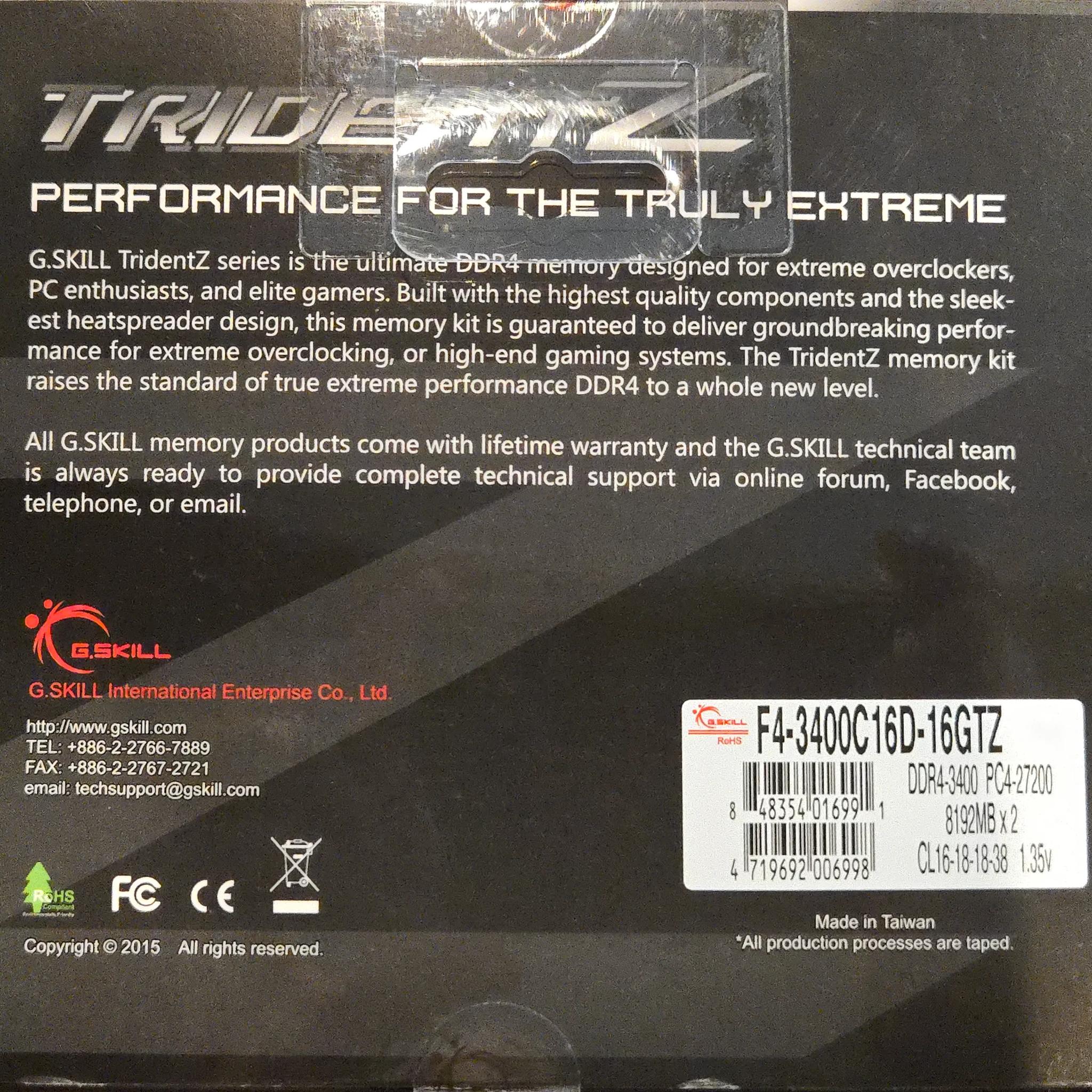 Trident Z DDR4-3400 CL16-18-18-38 1.35V 16GB (2x8GB) F4-3400C16D-16GTZ
