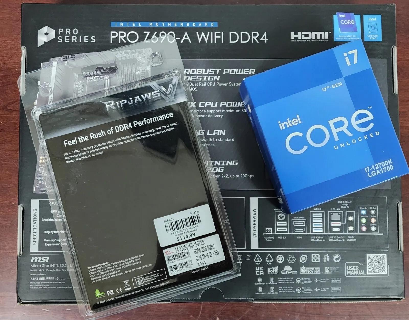 CPU/MOTHRBOARD/RAM COMBO i7-12700K, MSI Z690-A PRO WIFI, G.Skill Ripjaws 32GB DDR4-3200