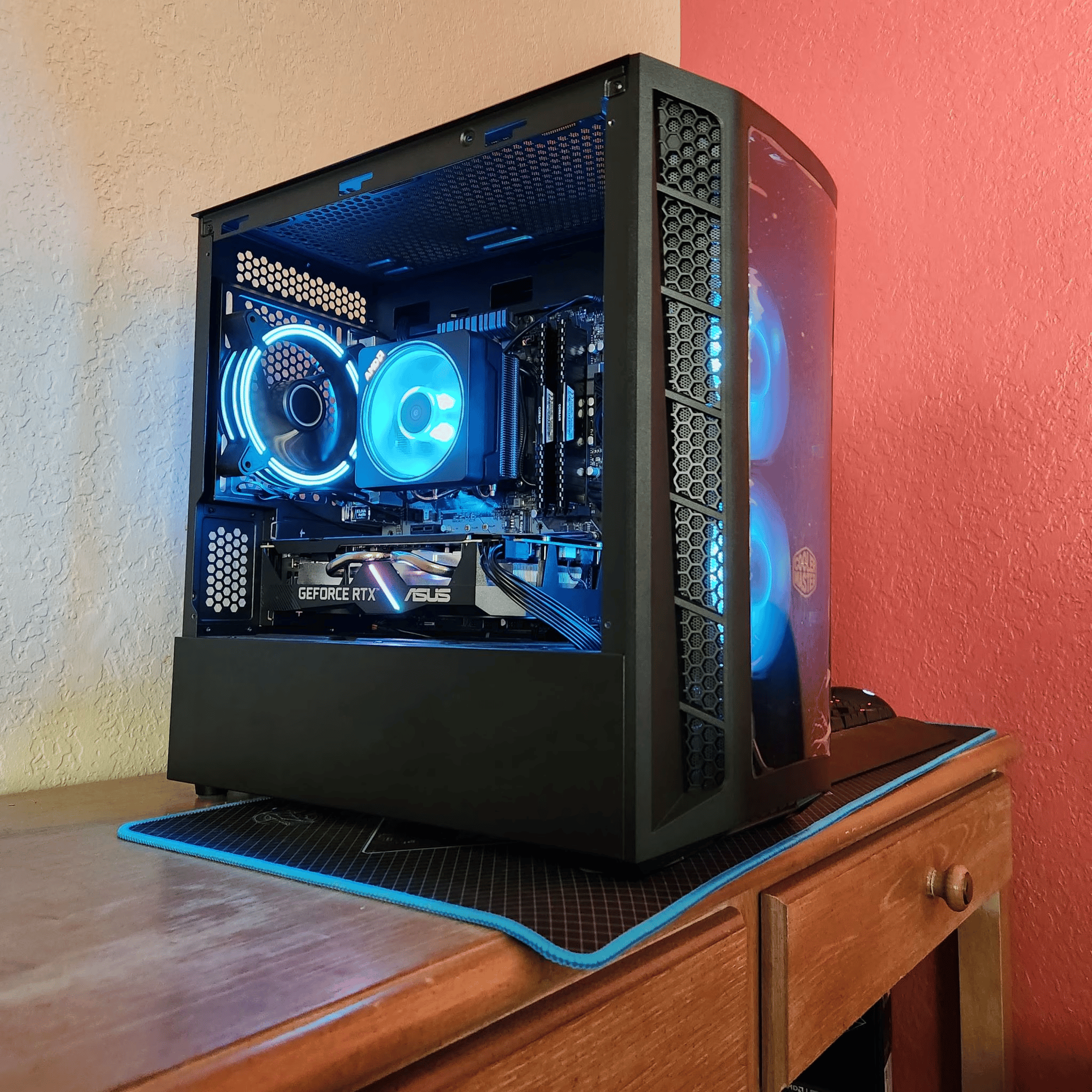 Ryzen 2600X with RTX 2060.  B450m, 16Gb Ram, 2TB storage, RGB!