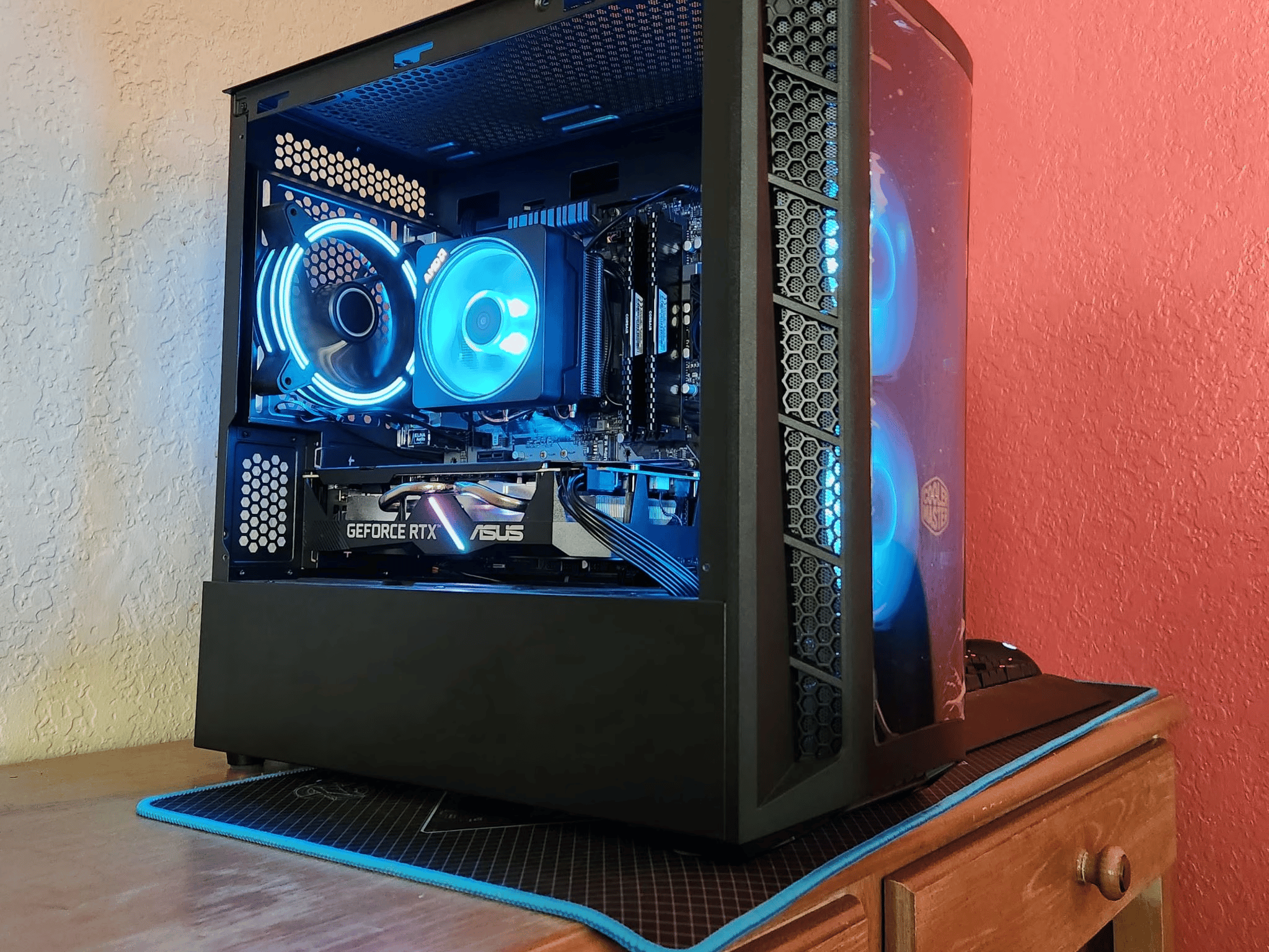 Ryzen 2600X with RTX 2060.  B450m, 16Gb Ram, 2TB storage, RGB!