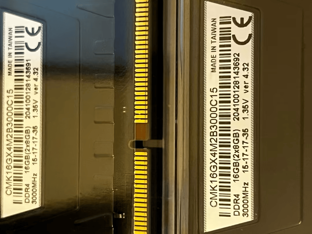Two 16GB sets of Corsair Vengence LPX 3000Mhz