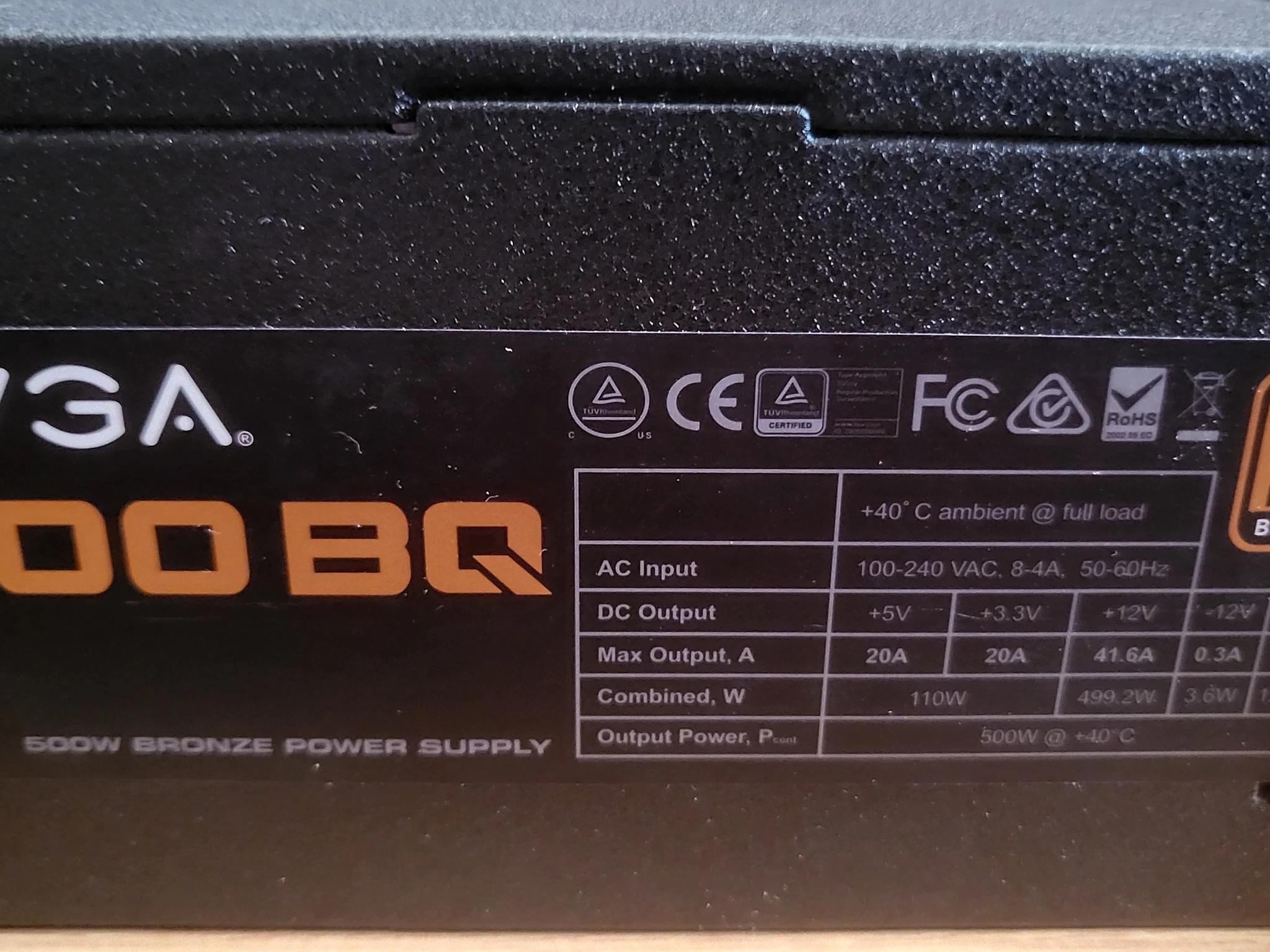 USED EVGA 500BQ Power Supply w/Power Cord and PCI-E Power Cable