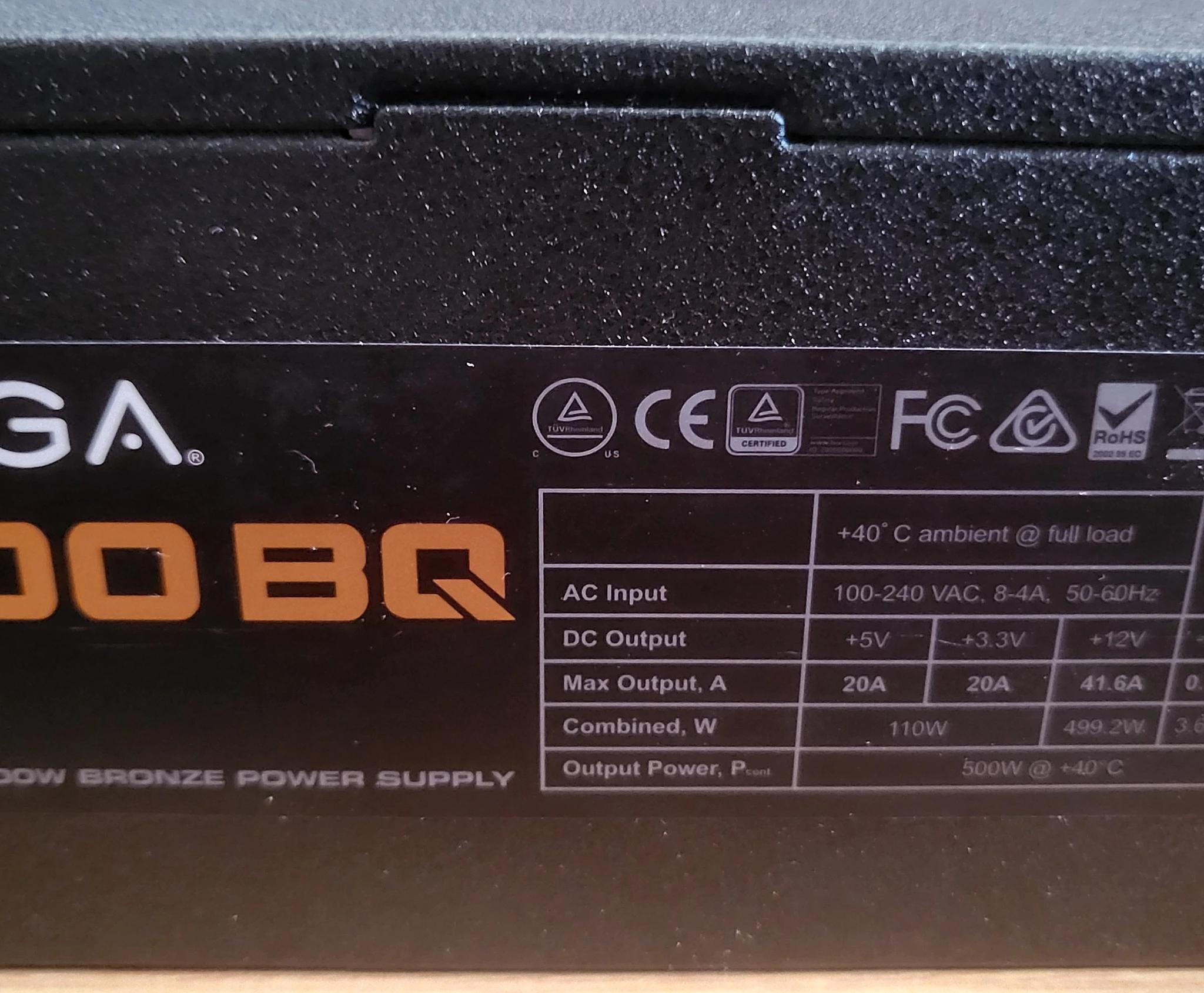 USED EVGA 500BQ Power Supply w/Power Cord and PCI-E Power Cable