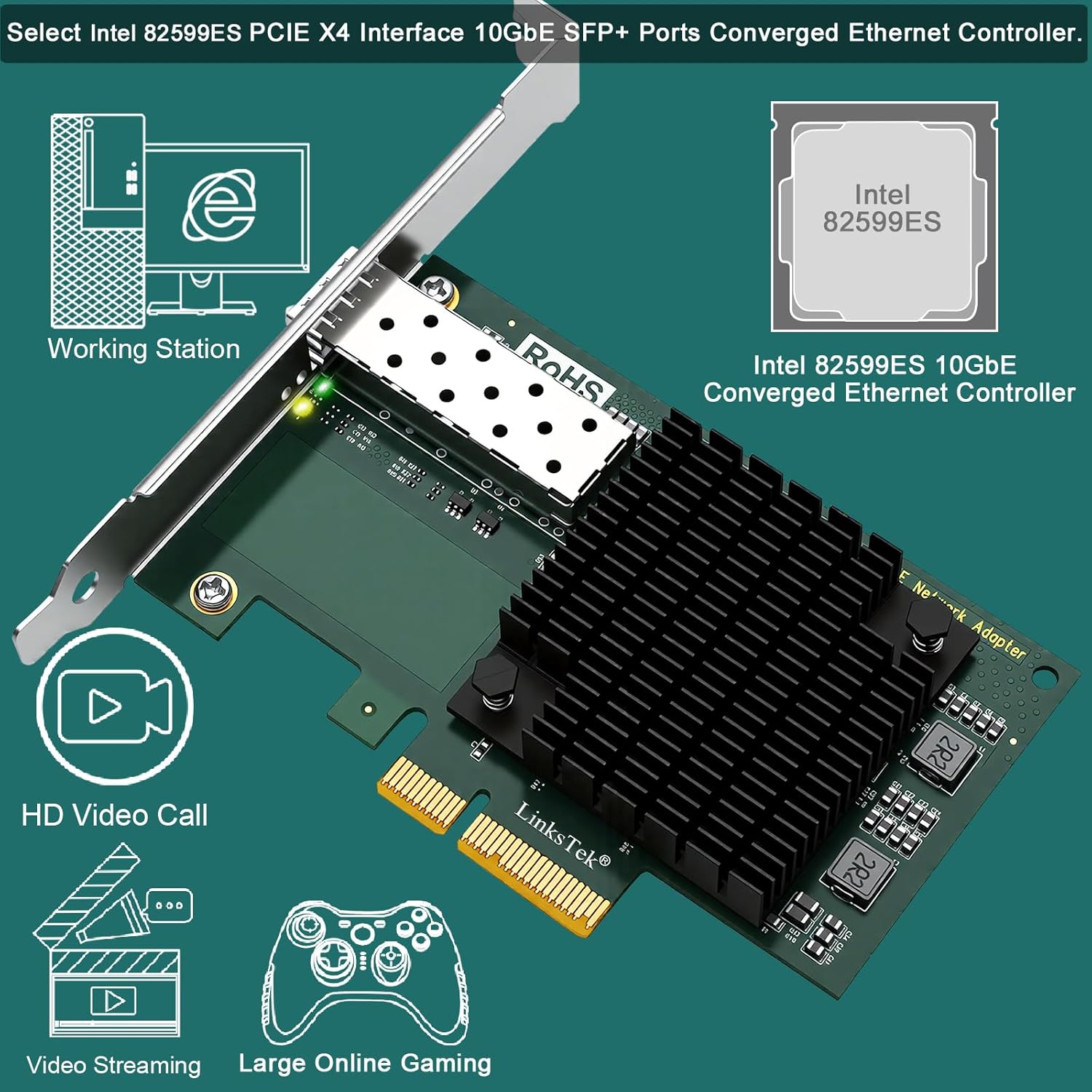 X520-DA1 10Gb/s SFP+ Fiber Port Ethernet Adapter Intel 82599 10Gbps Ethernet PCIE x4 NAS and PC
