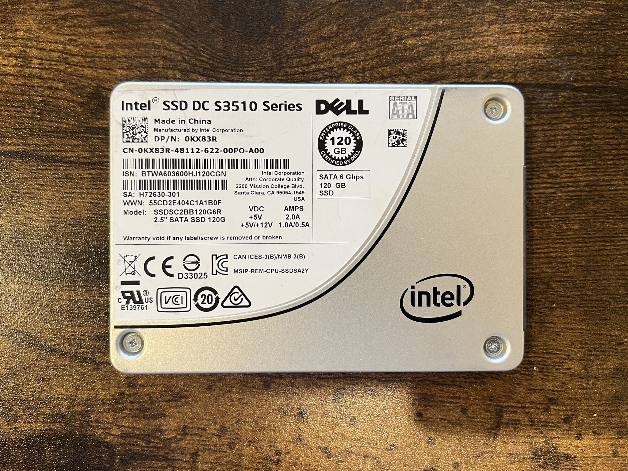 120GB Intel DC S3510 Series SATA SSD with DRAM 100% Health