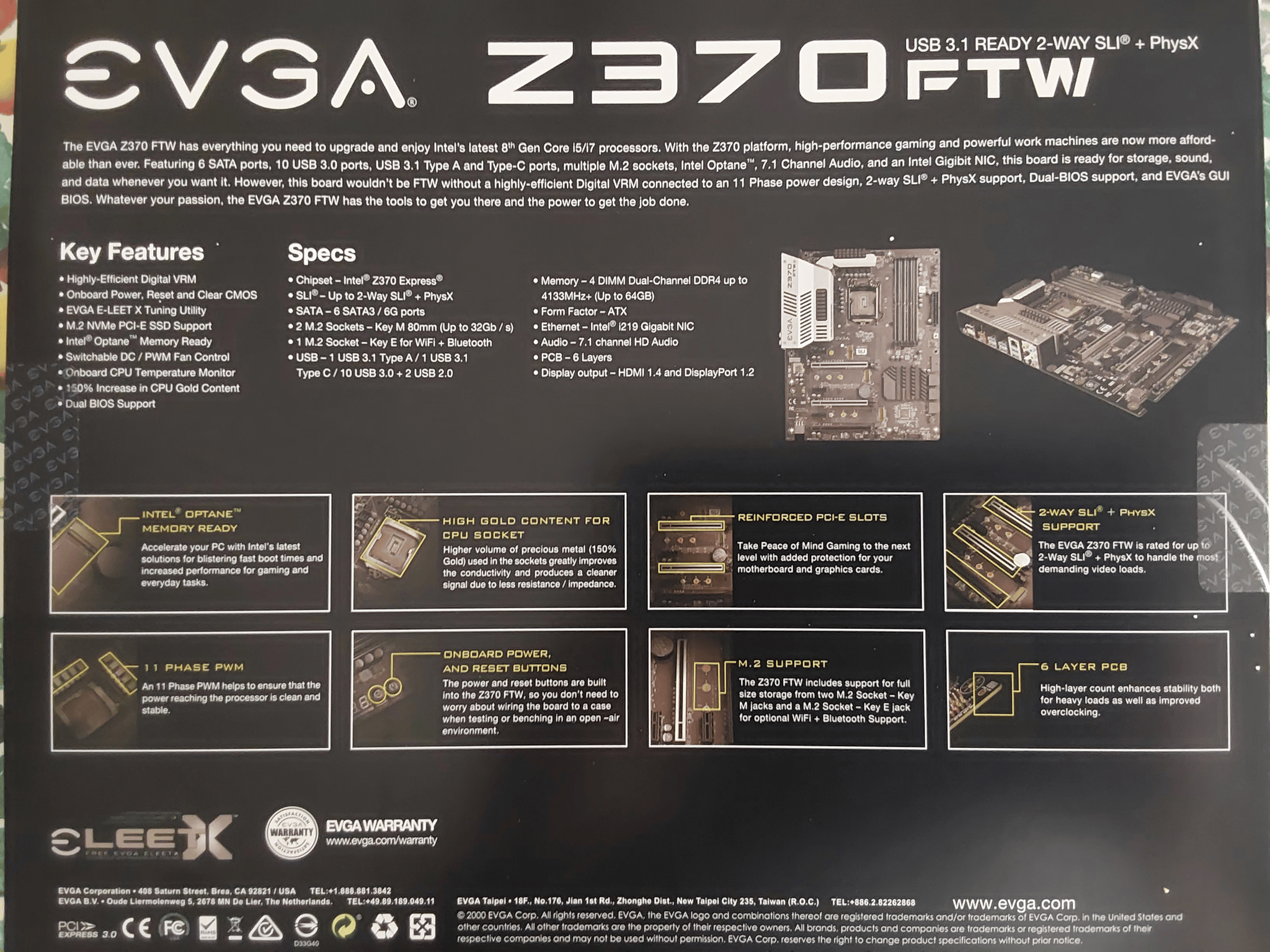 EVGA FTW Z370 LGA1151 (Intel 8th & 9th Gen) ATX Motherboard (Model 134-KS-E377-KR)