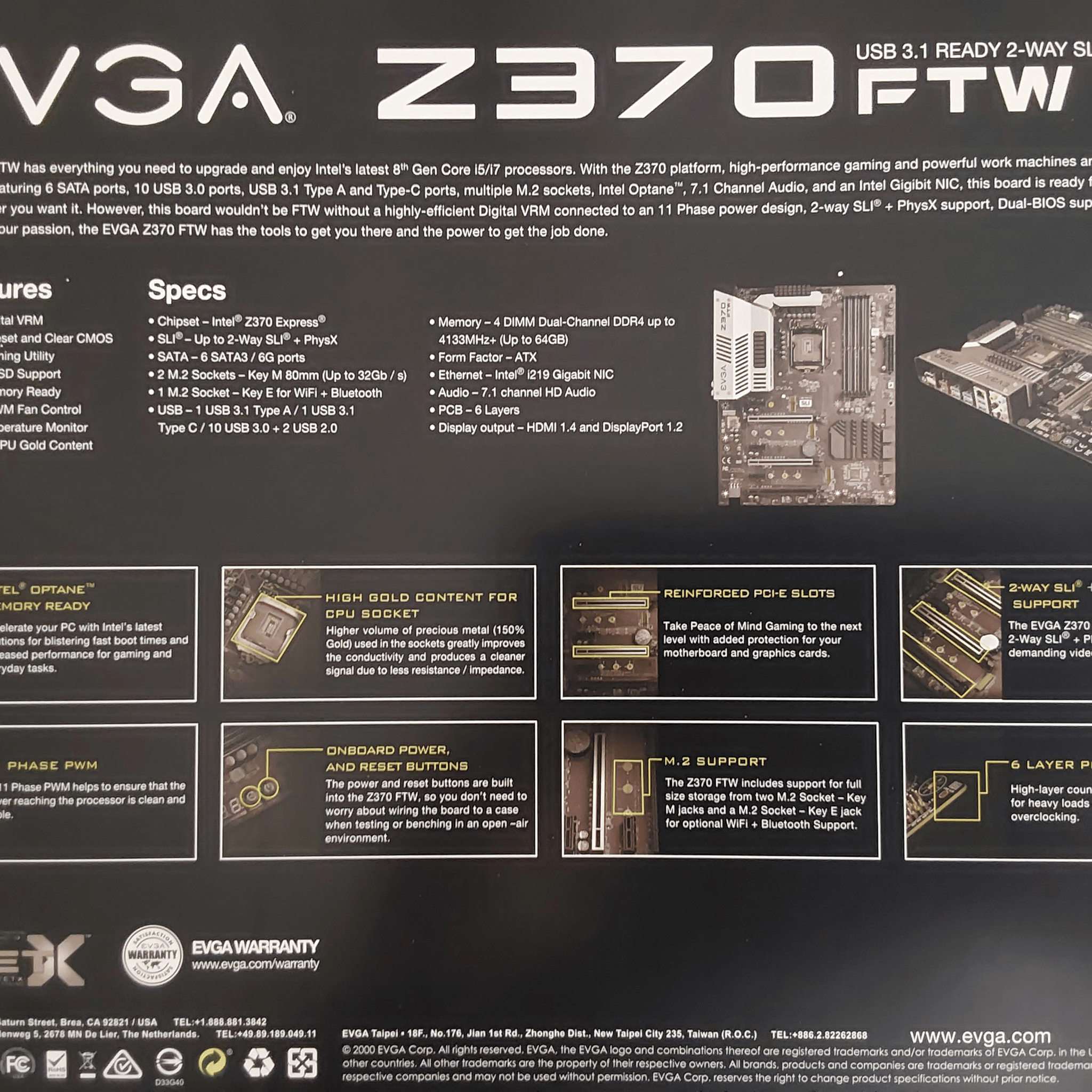EVGA FTW Z370 LGA1151 (Intel 8th & 9th Gen) ATX Motherboard (Model 134-KS-E377-KR)