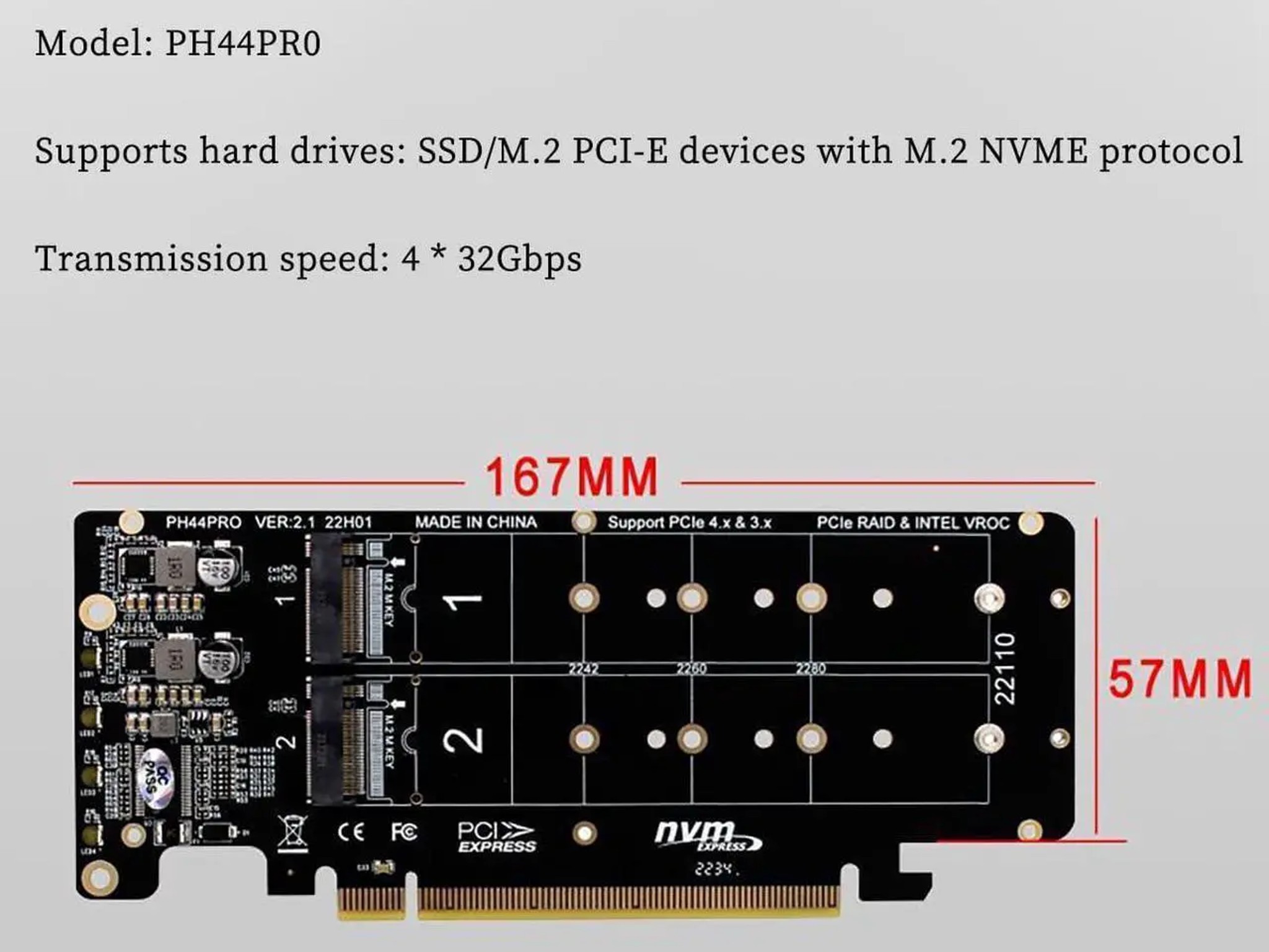 PH44PRO Dual-Sided 4 x M.2 M-Key NVME to PCIe X16 Splitter Card 4 x 32Gbps 2U Server RAID Array