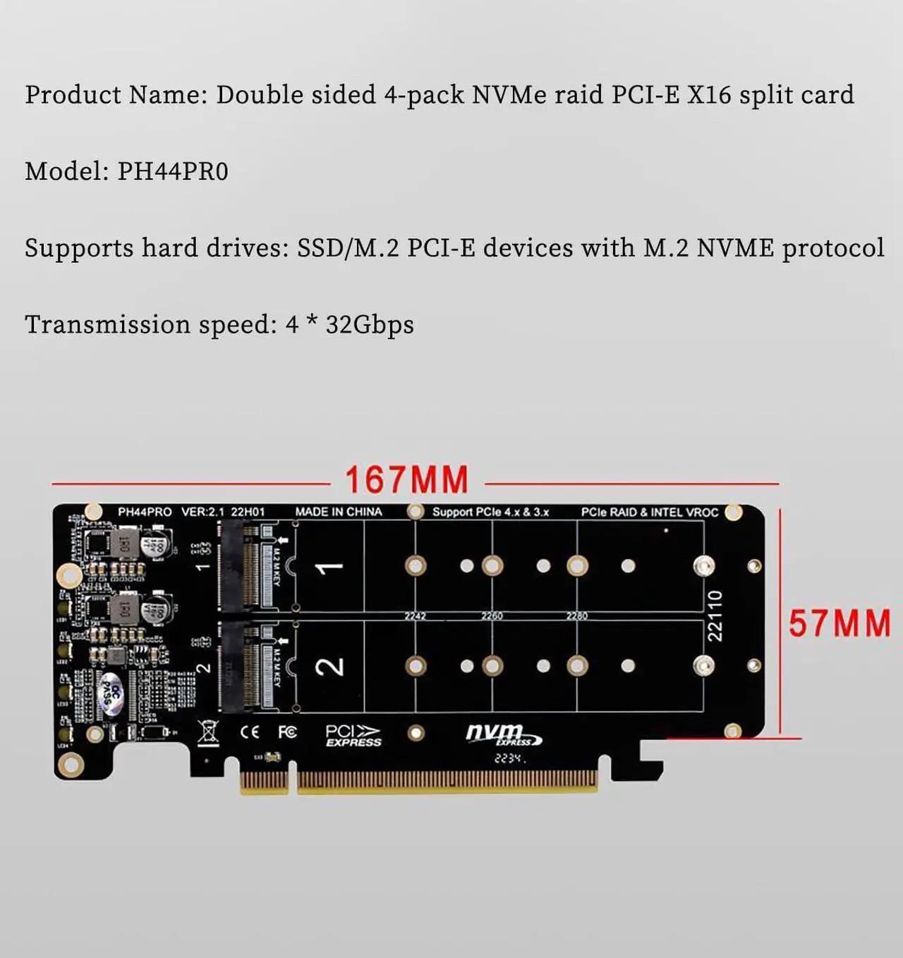 PH44PRO Dual-Sided 4 x M.2 M-Key NVME to PCIe X16 Splitter Card 4 x 32Gbps 2U Server RAID Array