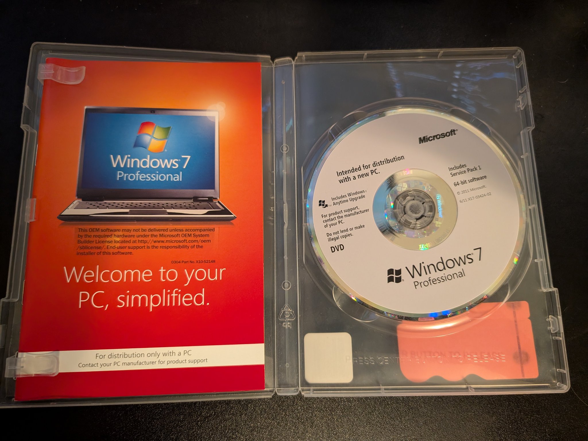Microsoft Windows 7 Professional 64 Bit SP1 OEM DVD w/Product Key