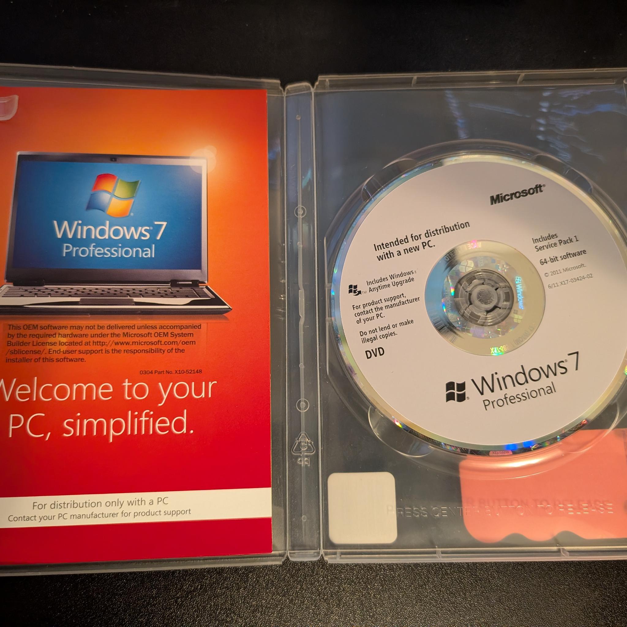 Microsoft Windows 7 Professional 64 Bit SP1 OEM DVD w/Product Key