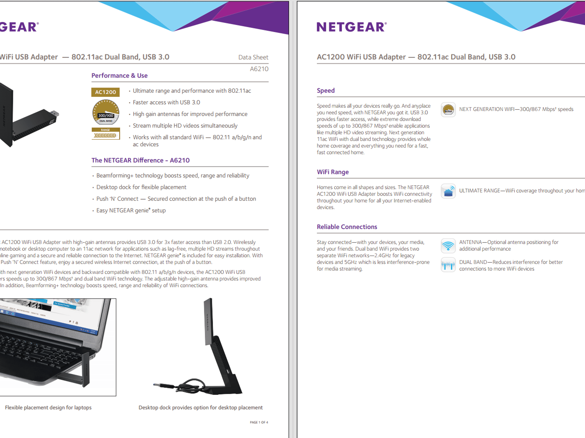 NETGEAR A6200-100NAS AC1200 WiFi USB Wireless Adapter