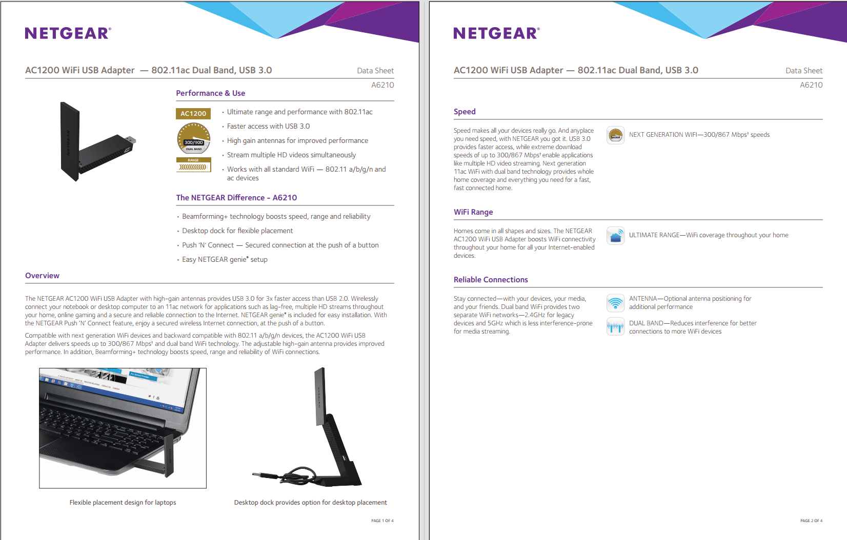 NETGEAR A6200-100NAS AC1200 WiFi USB Wireless Adapter