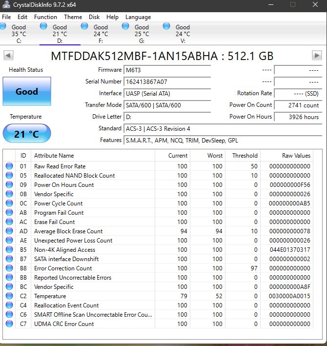 Micron M600 512GB SSD - MLC NAND - 100% Health