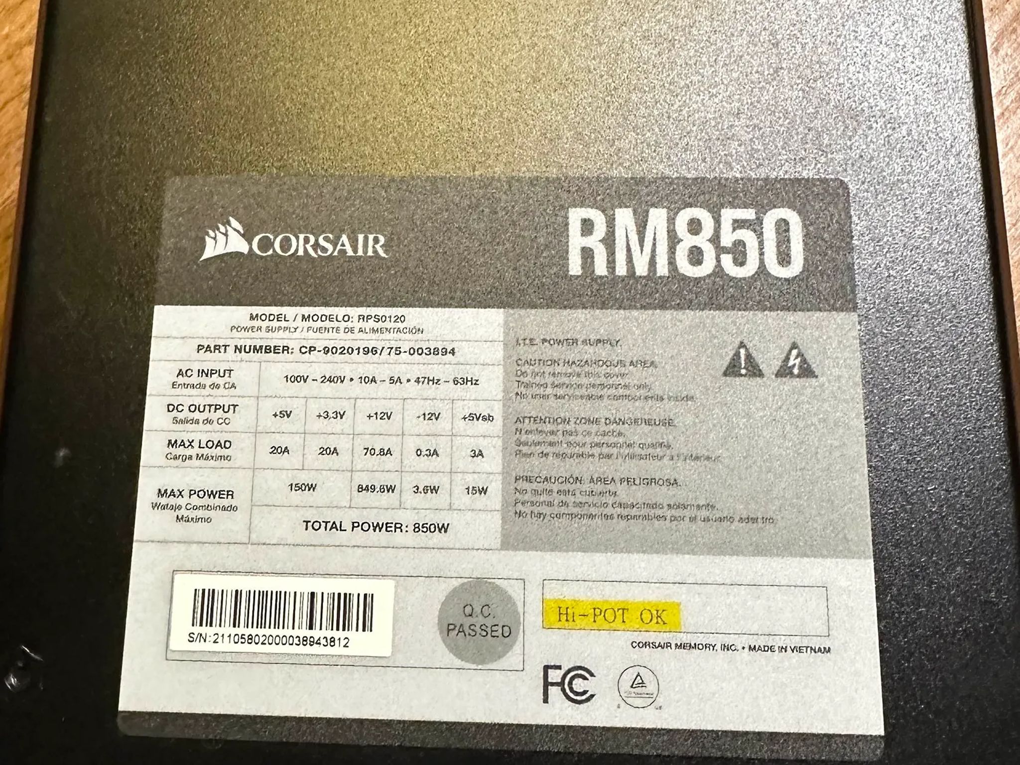 Corsair RM850 850W 80+ Gold ATX Modular Power Supply (Missing cables)