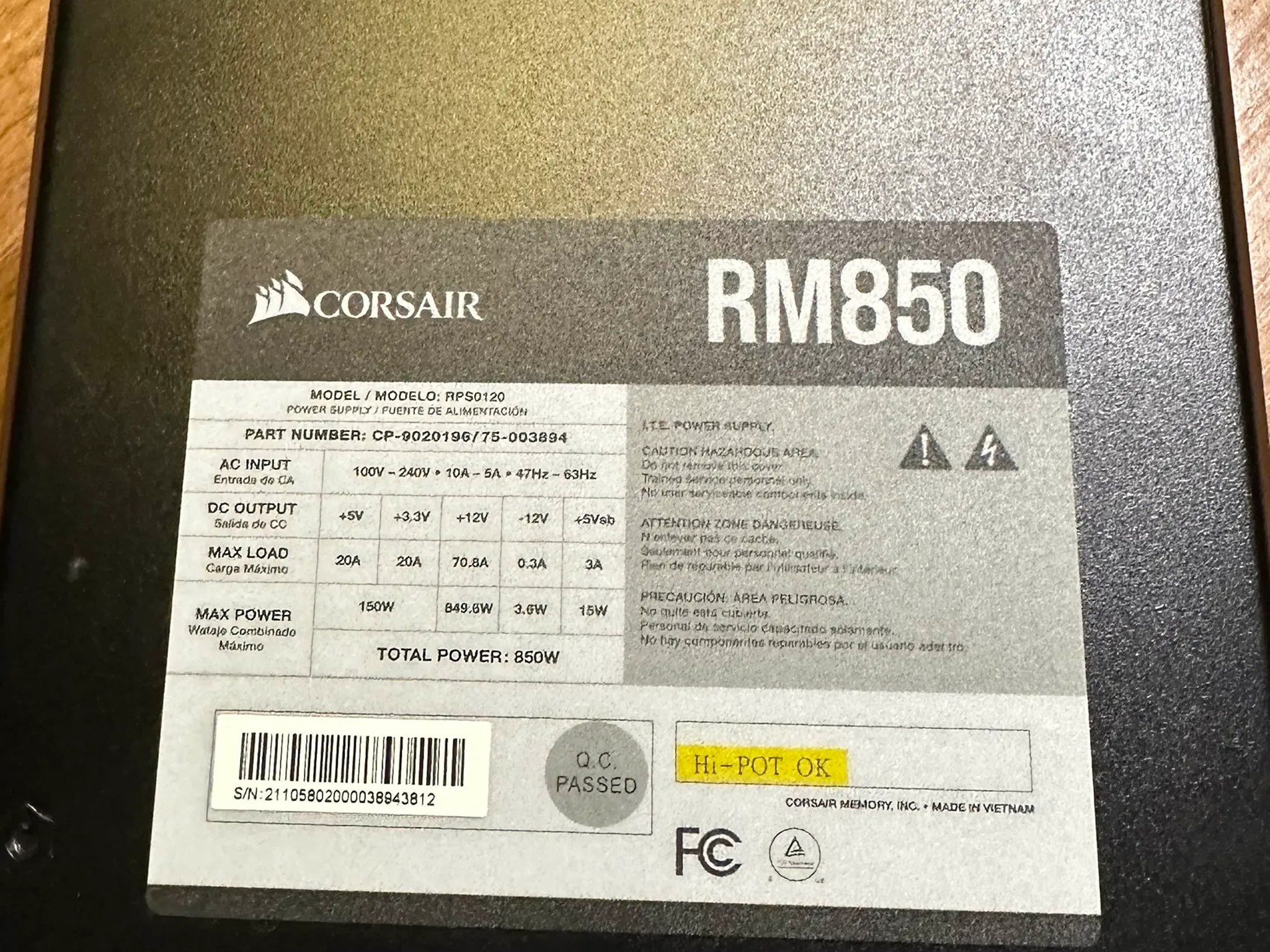 Corsair RM850 850W 80+ Gold ATX Modular Power Supply (Missing cables)