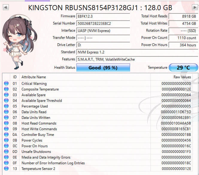 Kingston 128GB NVMe SSD Tested Working 95% Health Low Hours