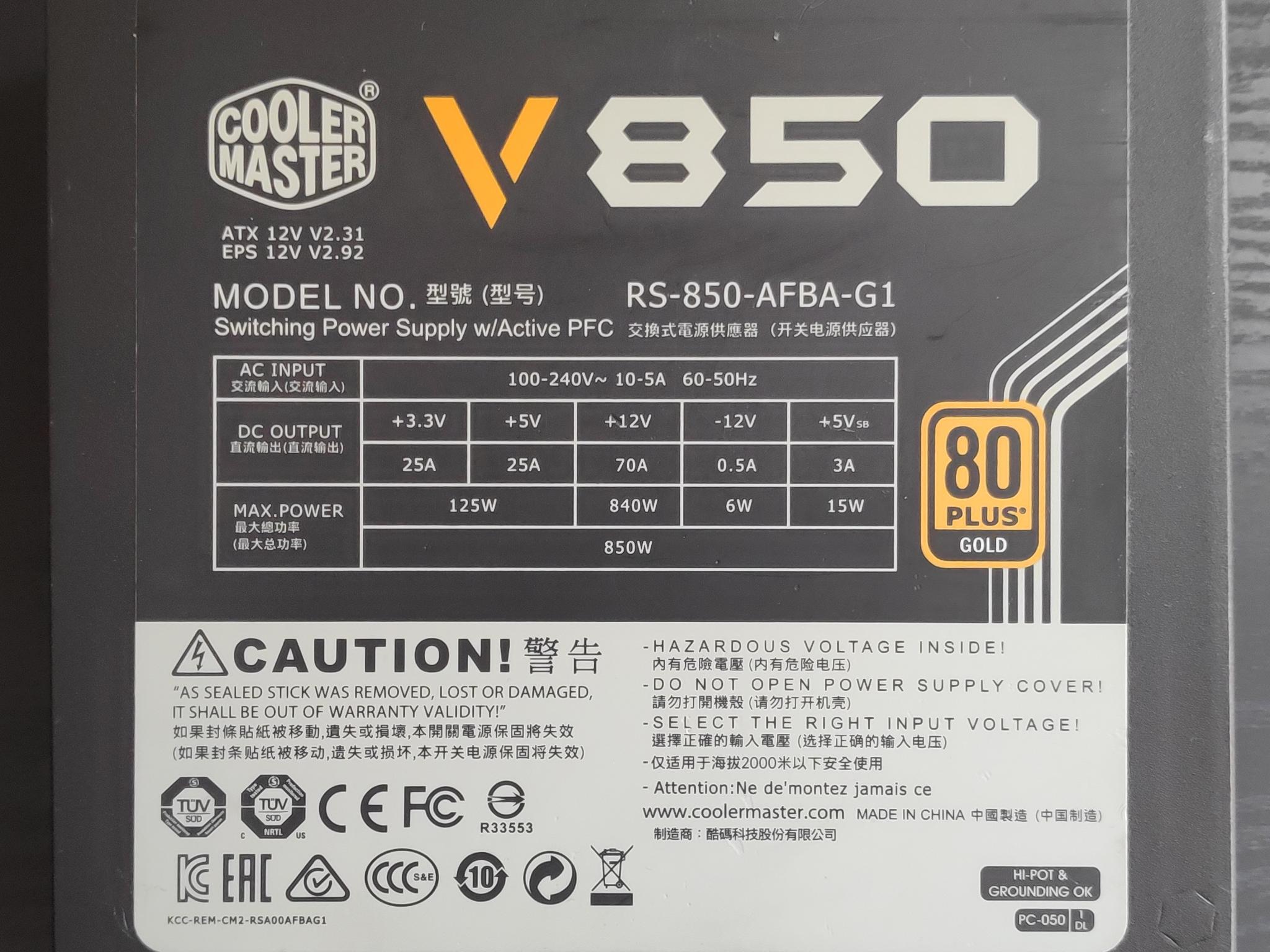 Cooler Master V850 Fully Modular 80 Plus Gold Power Supply