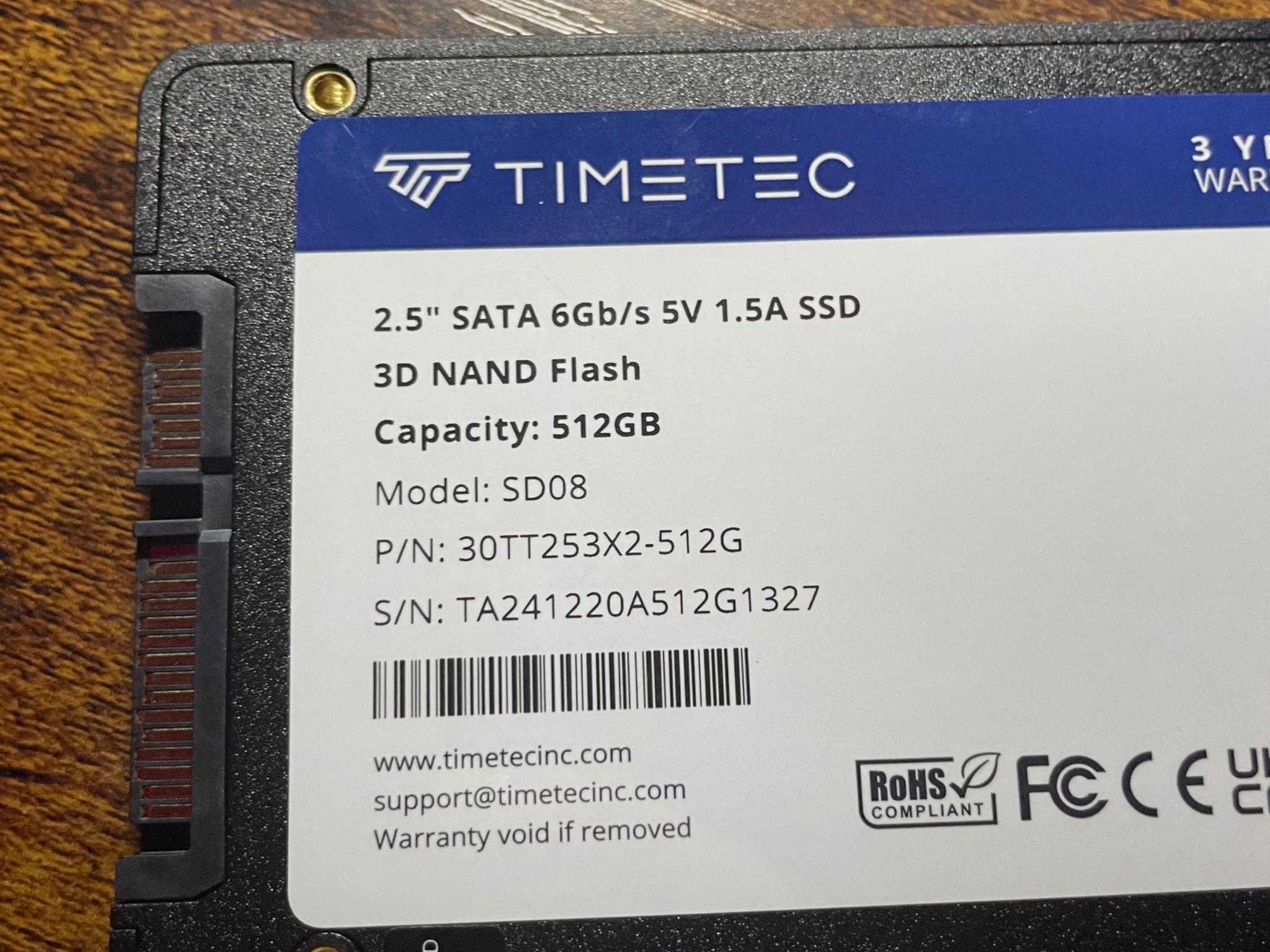 512gb Timetec SATA SSD + Black SATA Cable