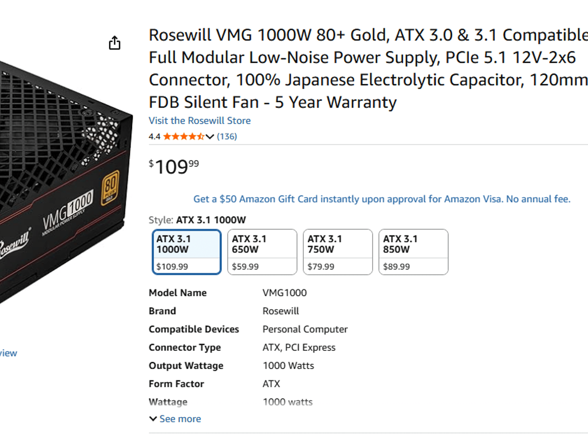 Rosewill VMG1000 1000W 80+ Gold Fully Modular ATX 3.1 PCIe 5.1 PSU - Brand New Sealed